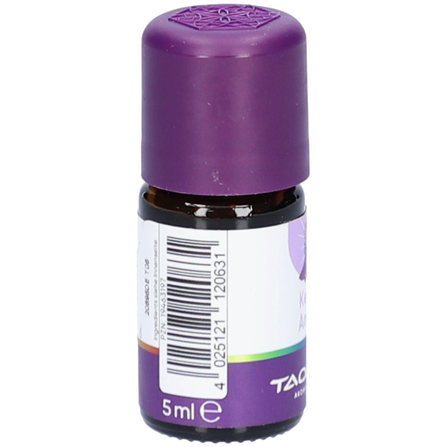 Braune Glasflasche mit lila Verschluss. Etikett mit Barcode und Text: 5 ml e. Aufschrift TAOASIS.