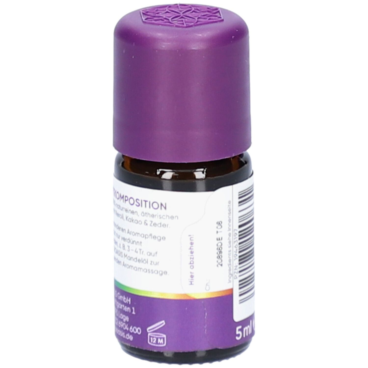 Braune Glasflasche mit lila Verschluss. Etikett mit Text: Duftkomposition, Inhaltsstoffe, 5 ml e. Aufschrift TAOASIS.
