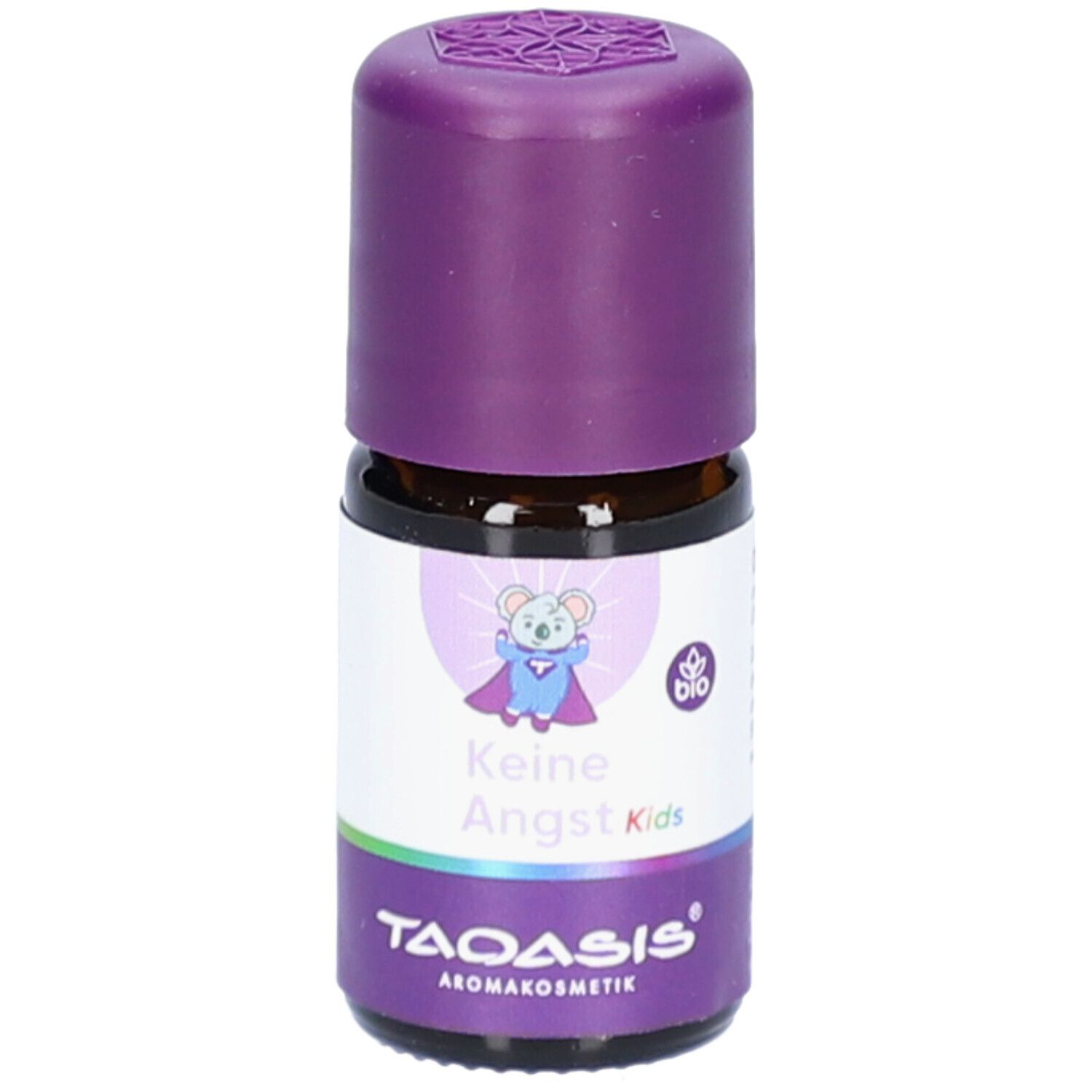 Braune Glasflasche mit lila Verschluss. Etikett mit Text: Keine Angst Kids, Bio-Siegel und TAOASIS Logo. Abbildung eines Superhelden-Koalas.