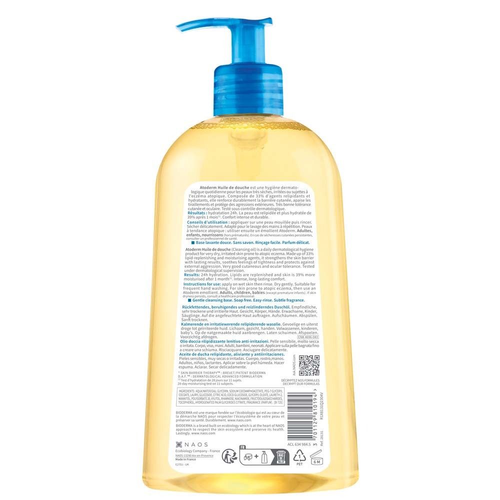 Rückseite der BIODERMA Atoderm Duschöl-Flasche. Text und Informationen in mehreren Sprachen. Barcode und Logos.