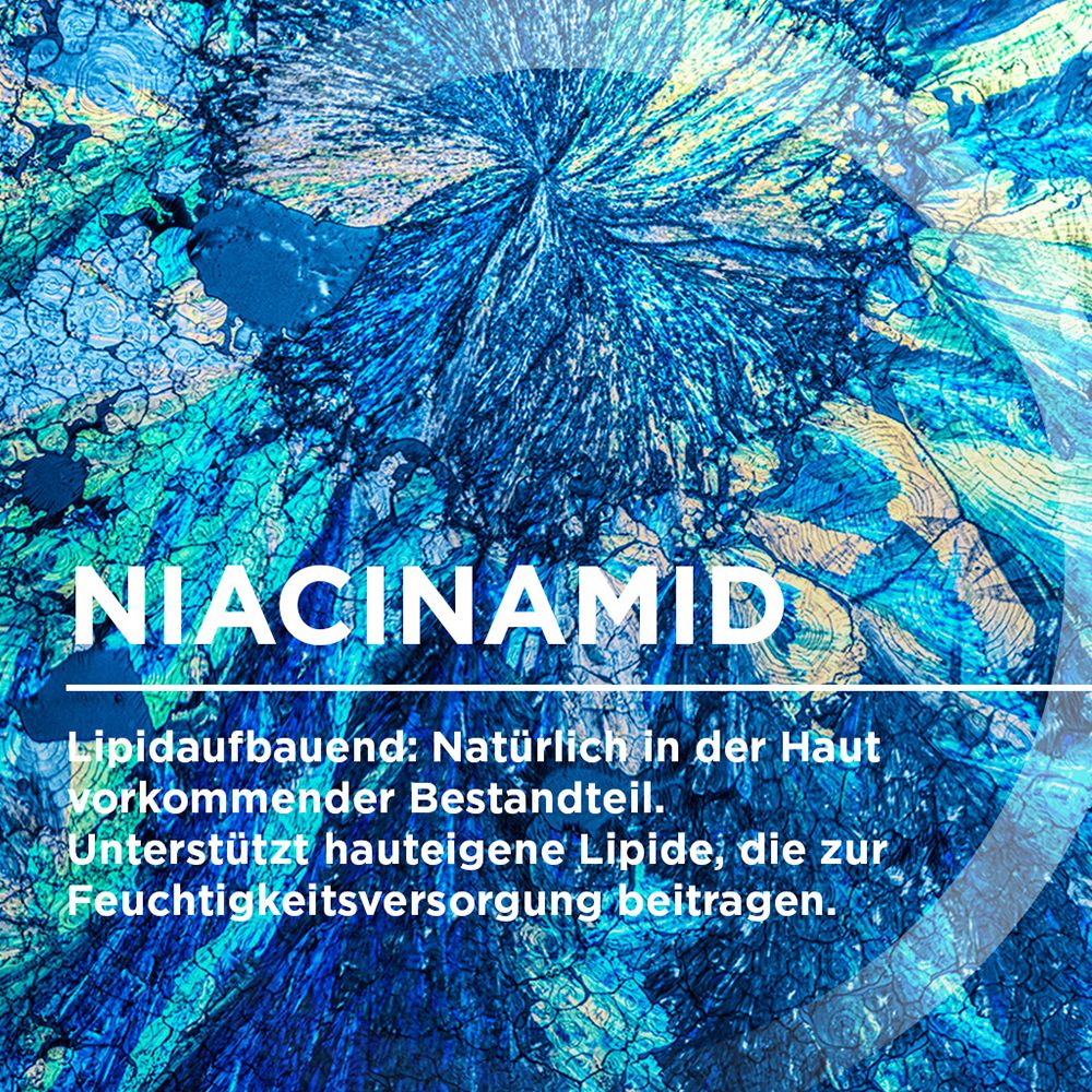 Abstraktes blaues Muster mit dem Text NIACINAMID. Beschreibt die lipidaufbauende Wirkung.