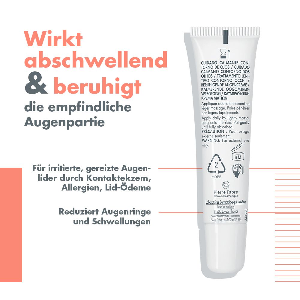 Rückseite der Tube. Text: Wirkt abschwellend & beruhigt die empfindliche Augenpartie. Für irritierte Augenlider.