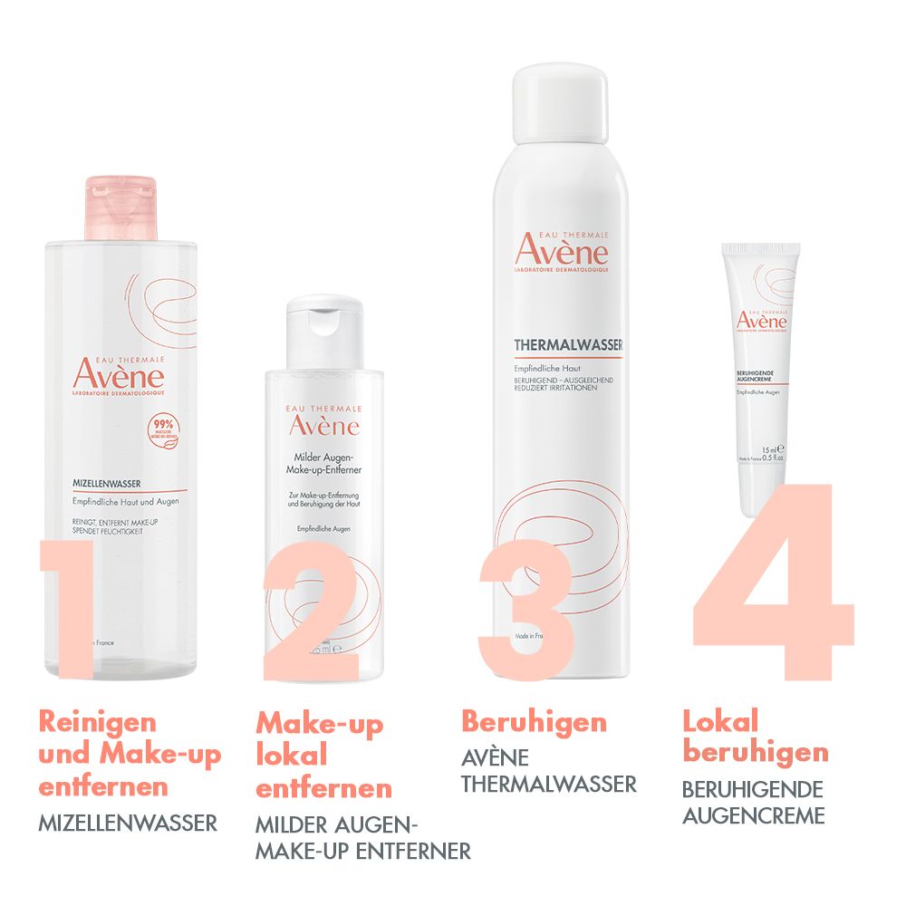 Vier Avène-Produkte: Mizellenwasser, Make-up Entferner, Thermalwasser, beruhigende Augencreme.
