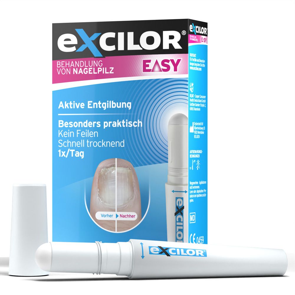 Excilor® Easy-Applikator und Kappe neben der Verpackung. Weißer Stift mit blauer Beschriftung. Produktname sichtbar.
