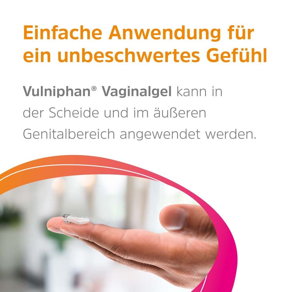 Hand mit Gel auf dem Finger. Aufschrift: Vulniphan Vaginalgel. Einfache Anwendung für ein unbeschwertes Gefühl.