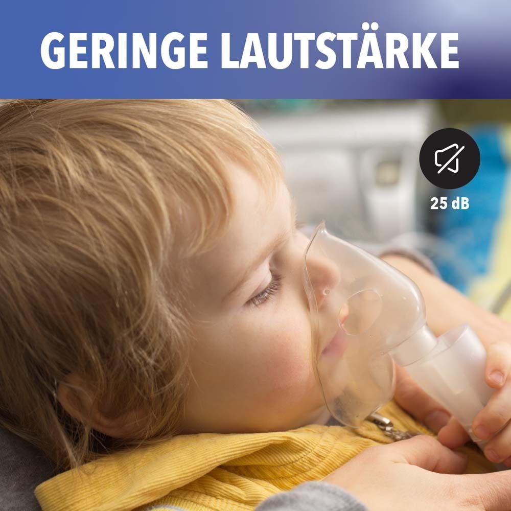 Kind mit Inhalationsmaske. Text: Geringe Lautstärke, 25 dB.
