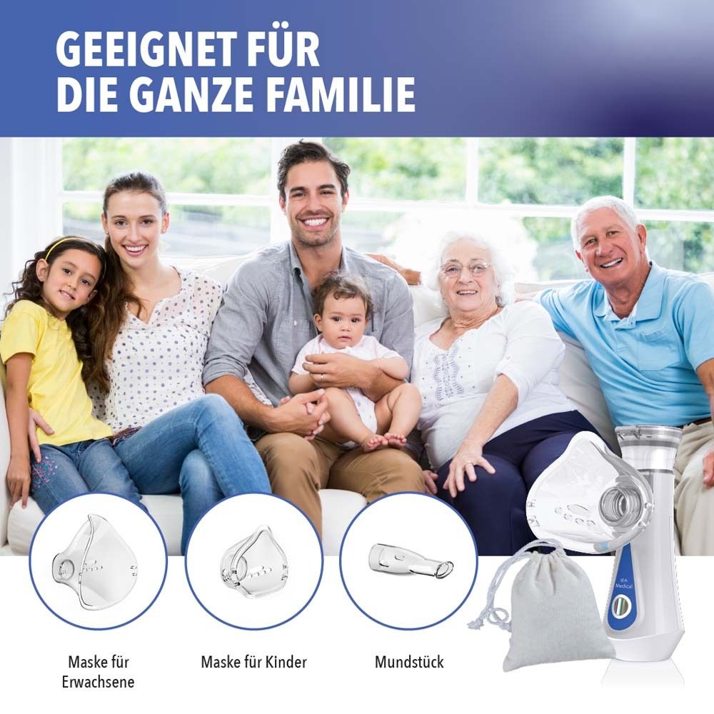 Familie mit Inhalationsgerät und Zubehör. Text: Geeignet für die ganze Familie.