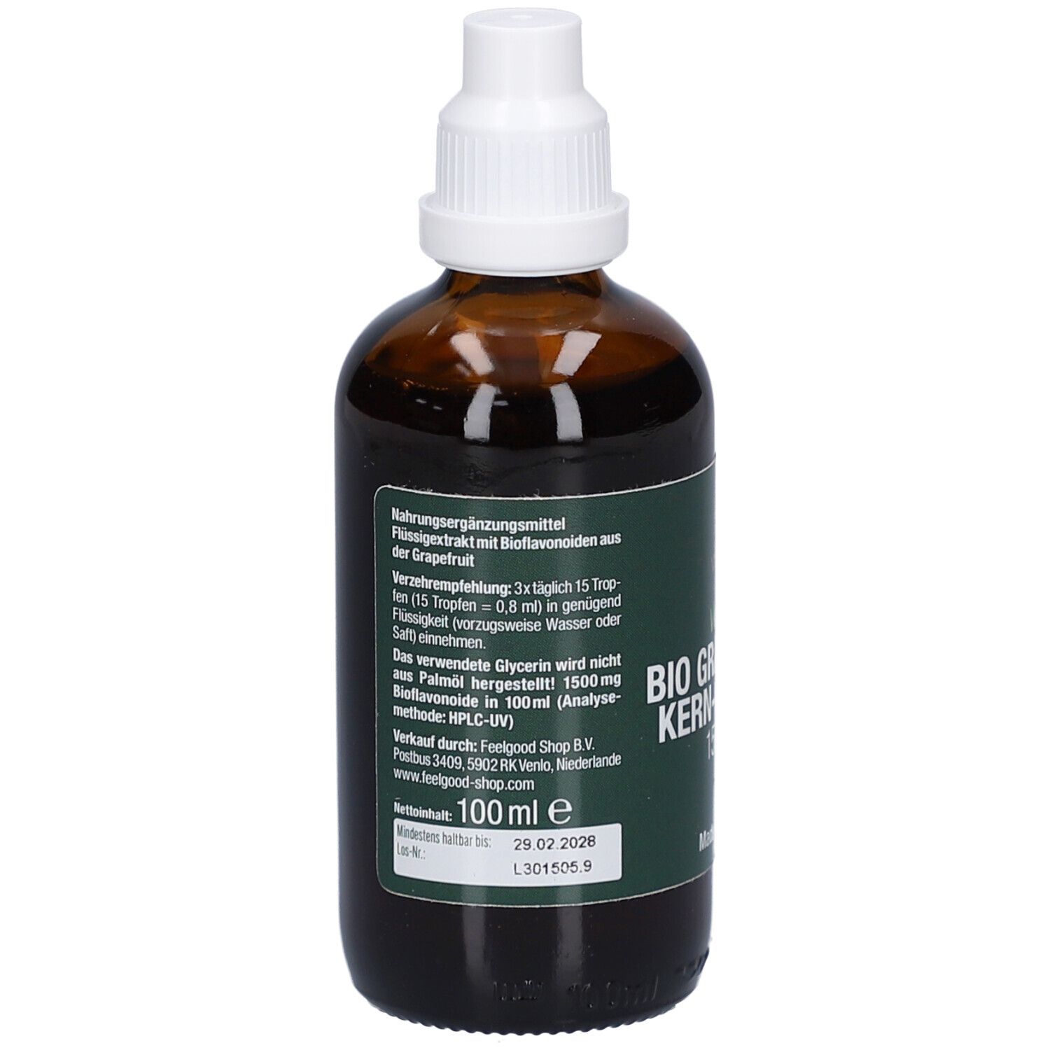 Braune Flasche. Text: 100 ml. Nahrungsergänzungsmittel mit Bioflavonoiden aus der Grapefruit.