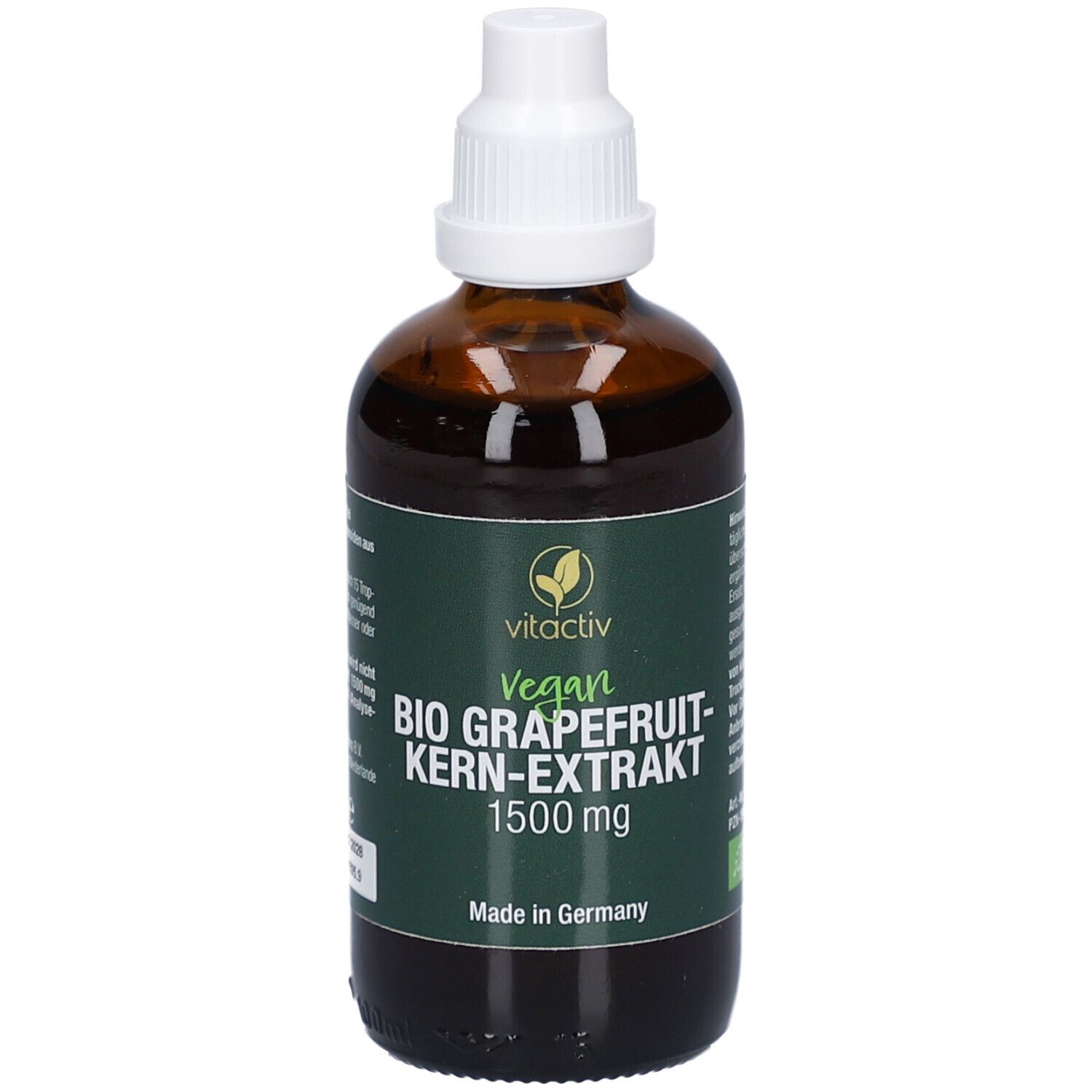 Braune Flasche. Text: Vitactiv Vegan BIO GRAPEFRUIT-KERN-EXTRAKT 1500 mg. Made in Germany.