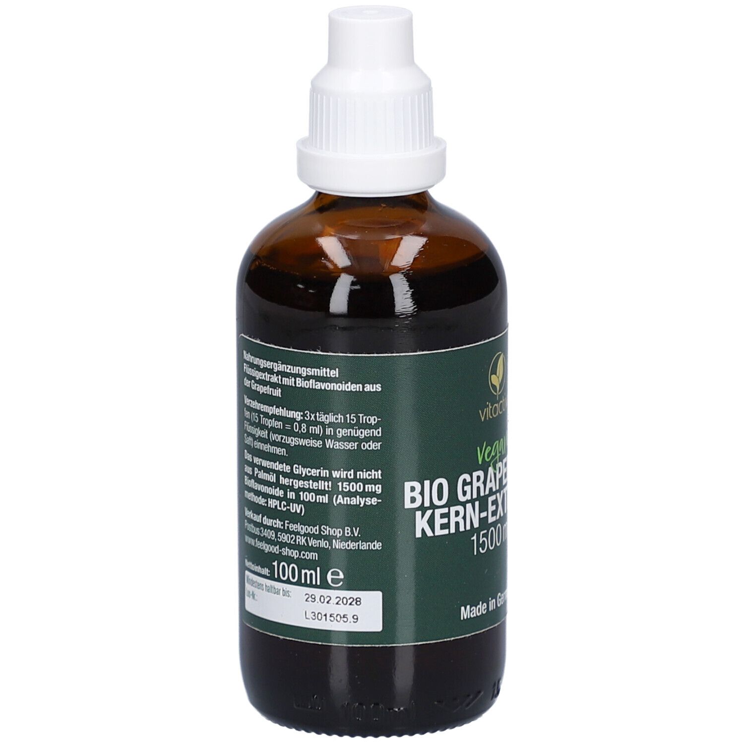 Braune Flasche. Text: 100 ml. Nahrungsergänzungsmittel mit Bioflavonoiden aus der Grapefruit.