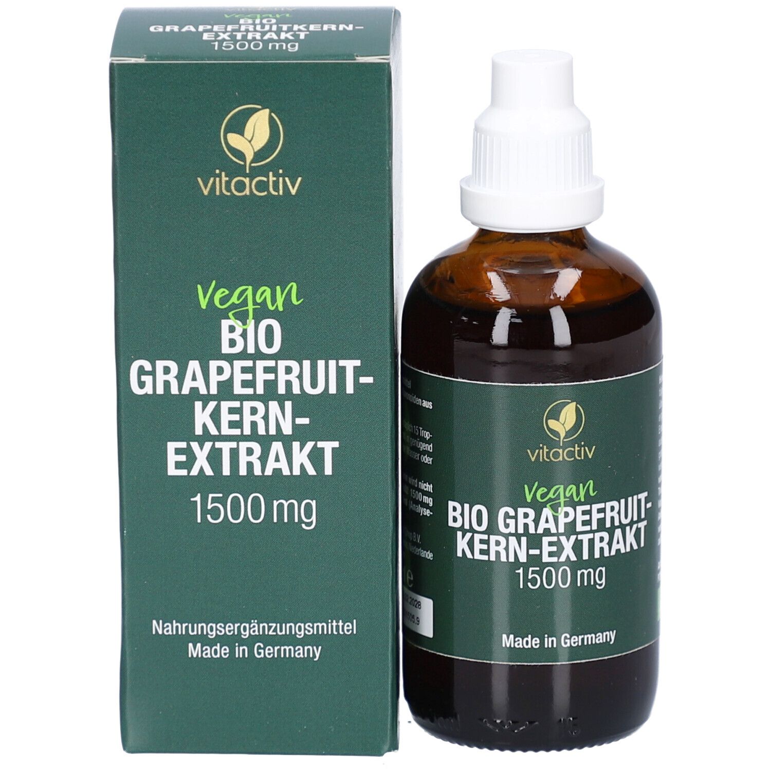 Produktflasche und Verpackung. Text: Vitactiv BIO GRAPEFRUIT-KERN-EXTRAKT 1500 mg. Vegan.
