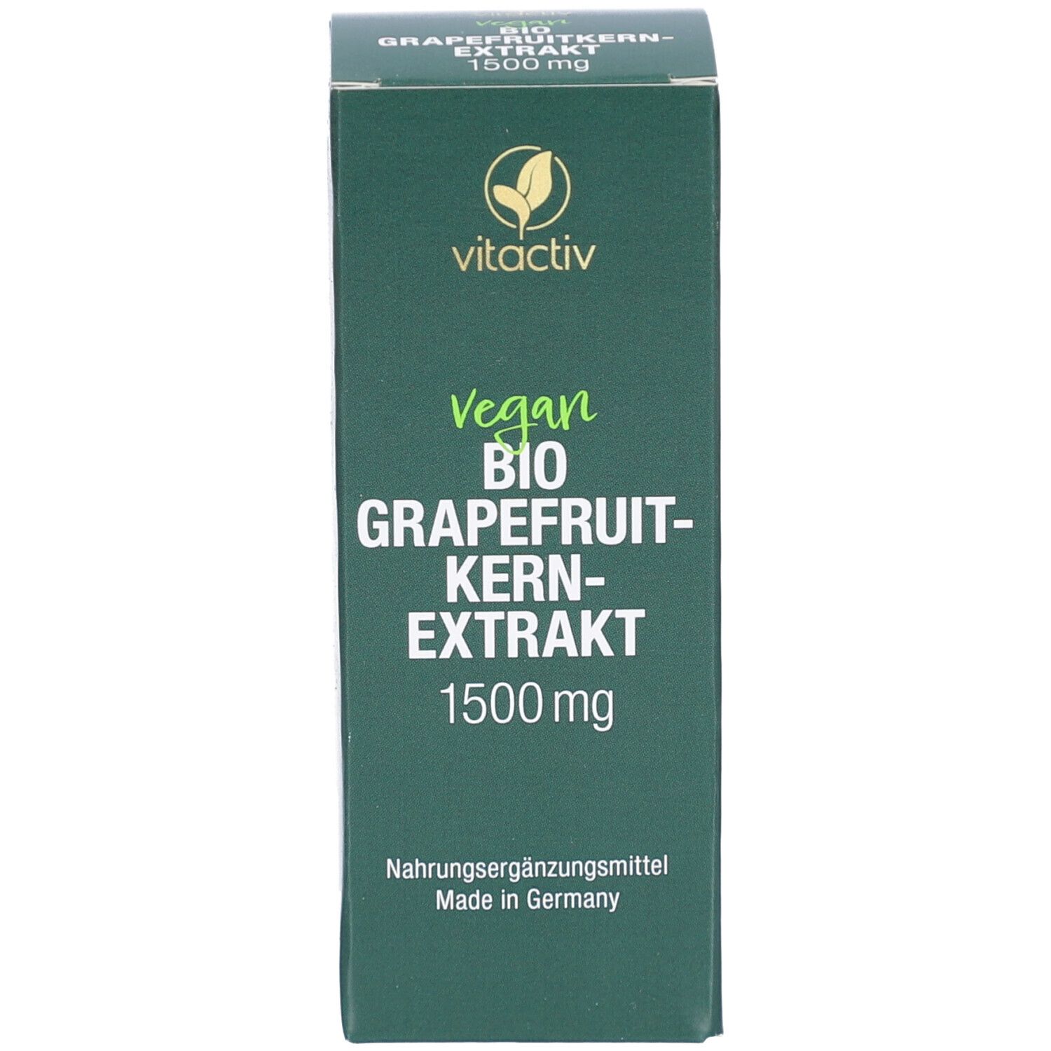 Grüne Verpackung. Text: Vitactiv BIO GRAPEFRUIT-KERN-EXTRAKT 1500 mg. Vegan.