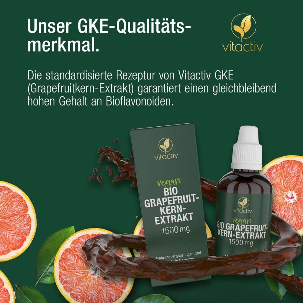 Produktflasche und Verpackung mit Grapefruit. Text: Vitactiv BIO GRAPEFRUIT-KERN-EXTRAKT 1500 mg. Vegan.