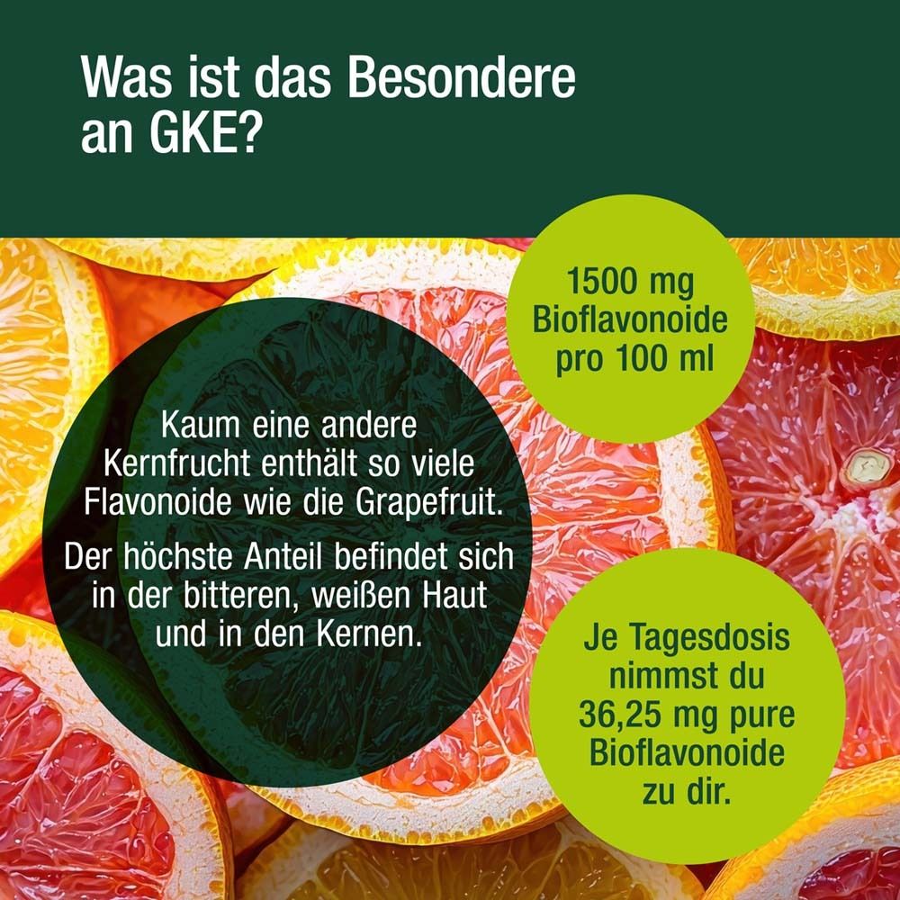 Grapefruit-Hälften. Text: 1500 mg Bioflavonoide pro 100 ml. Je Tagesdosis 36,25 mg reine Bioflavonoide.