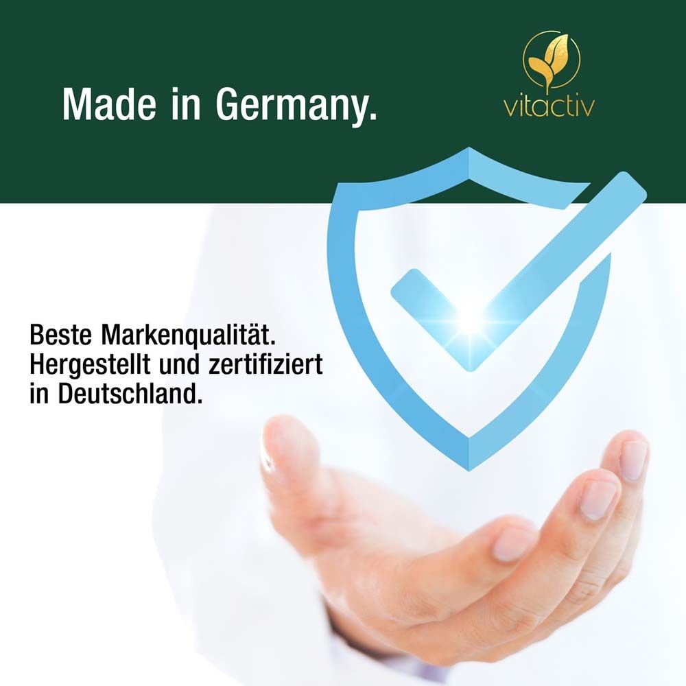 Hände halten ein blaues Schild mit Häkchen. Text: Beste Markenqualität. Hergestellt in Deutschland.