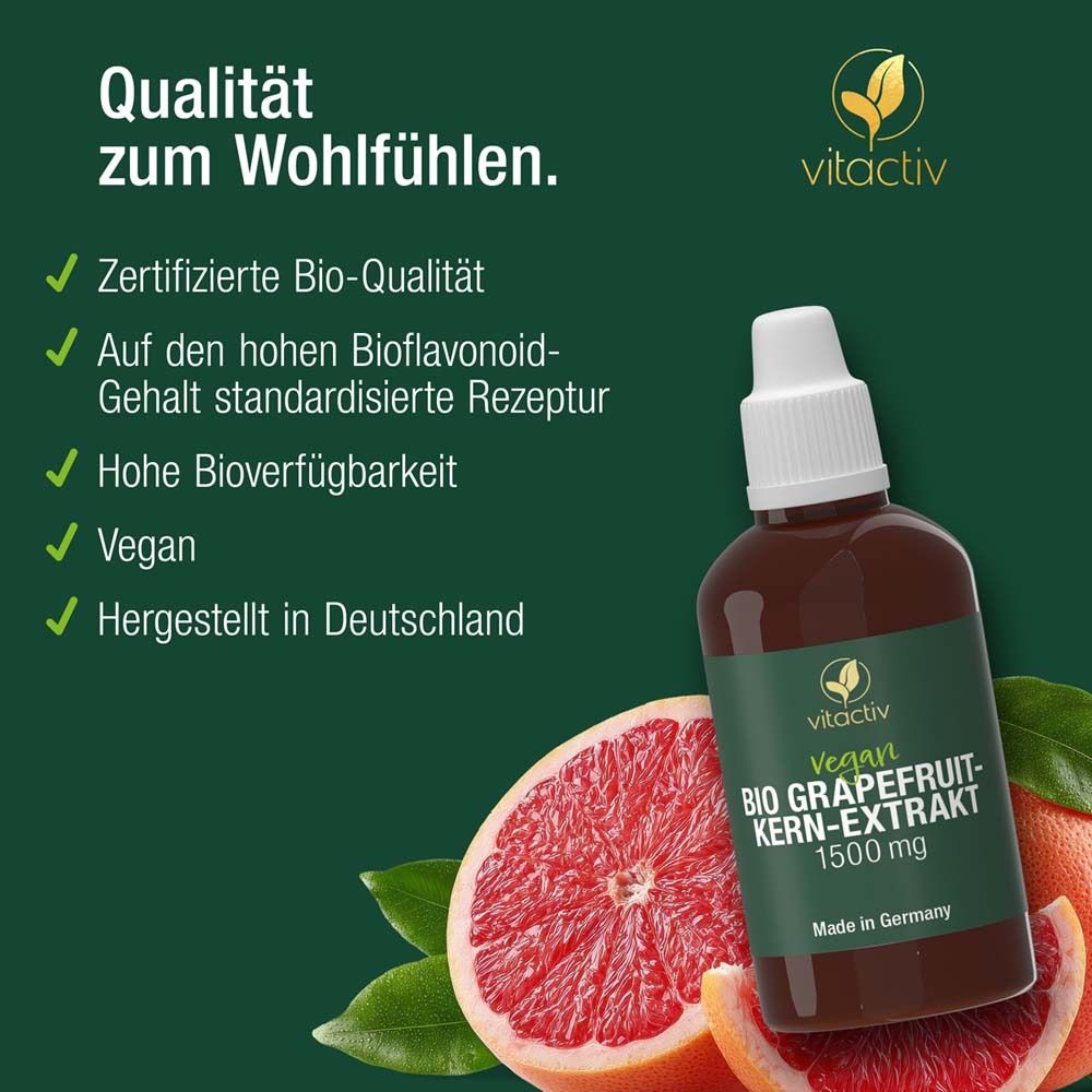 Produktflasche und Grapefruit. Text: Zertifizierte Bio-Qualität, Vegan, hergestellt in Deutschland.
