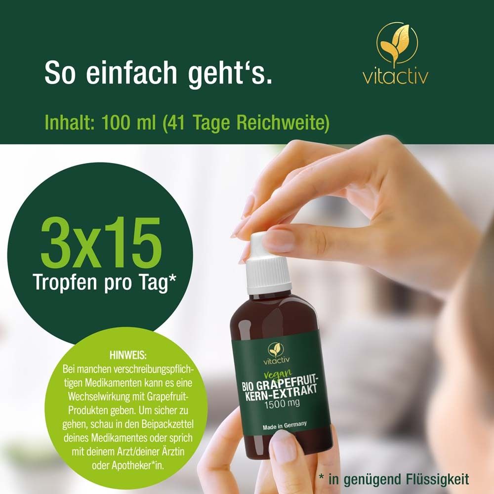 Hände halten Produktflasche. Text: 3x15 Tropfen pro Tag. Inhalt: 100 ml.