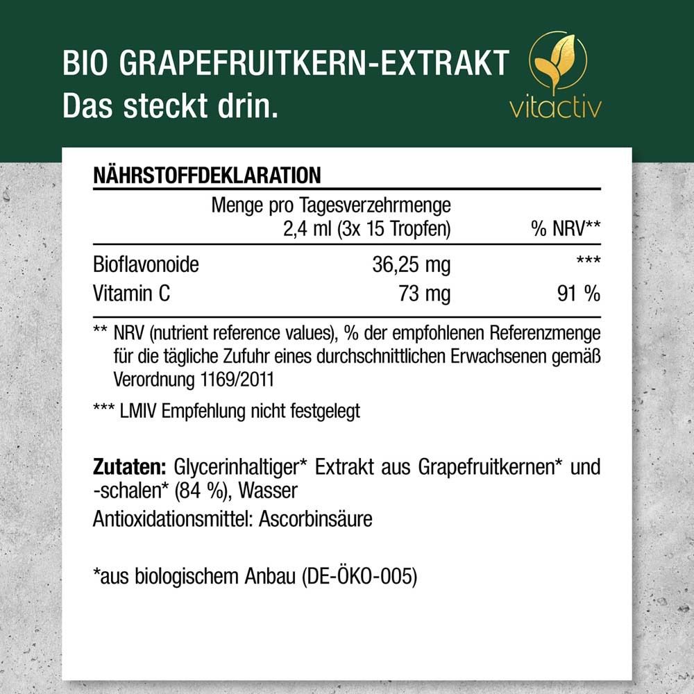 Nährwertdeklaration. Text: Bioflavonoide 36,25 mg, Vitamin C 73 mg. Zutaten: Grapefruitkern-Extrakt.