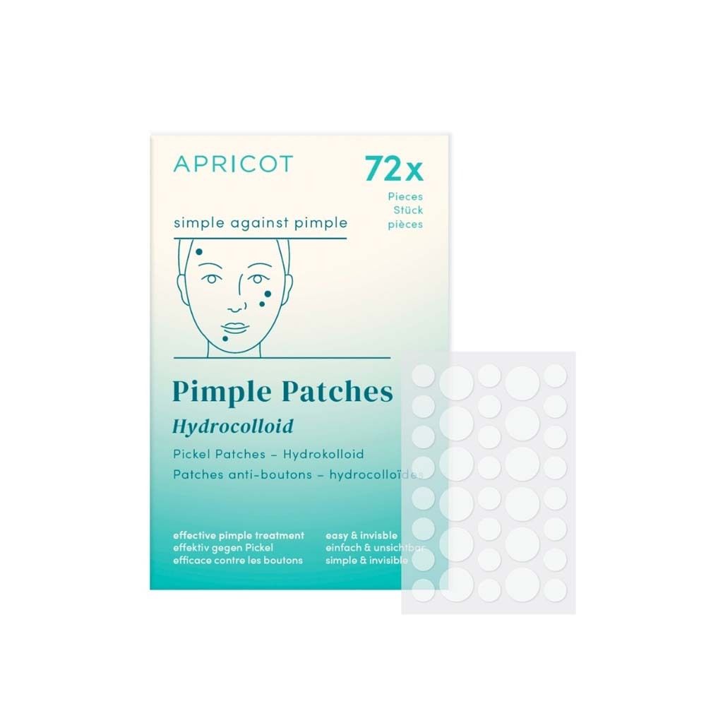 Verpackung mit Pickel Patches. Marke APRICOT. 72 Stück. Hydrokolloid-Pflaster. Einfach gegen Pickel.