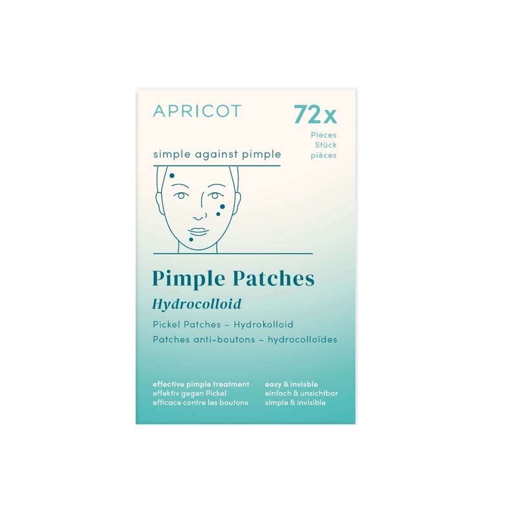 Verpackung mit Pickel Patches. Marke APRICOT. 72 Stück. Hydrokolloid-Pflaster. Einfach gegen Pickel.