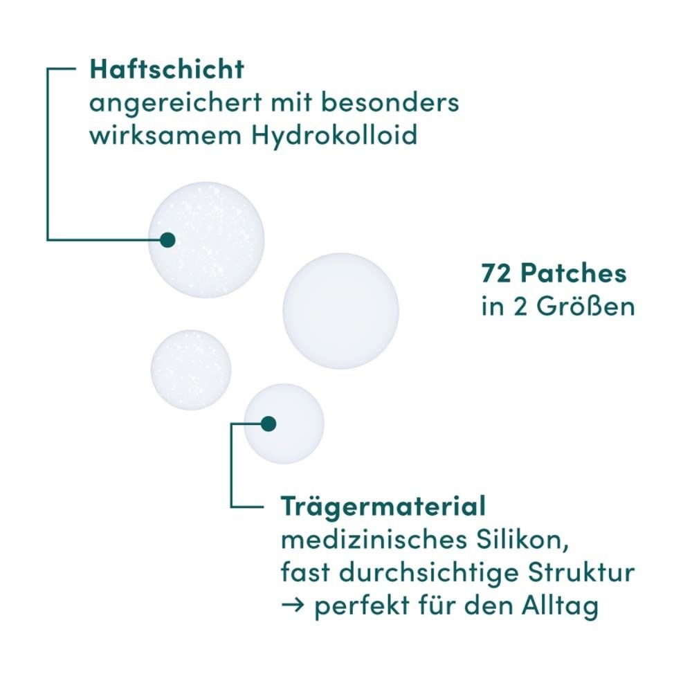 Nahaufnahme von Pickel Patches. 72 Stück in 2 Größen. Hydrokolloid-Pflaster. Medizinischer Silikon.
