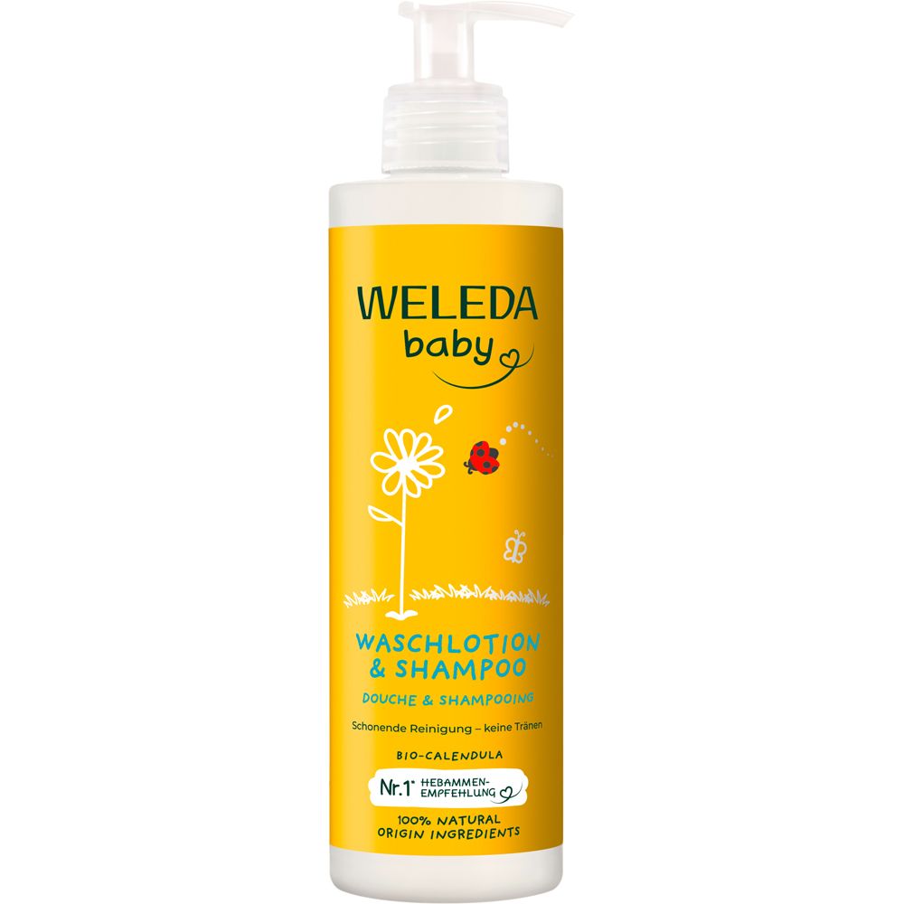 Gelbe Flasche mit Pumpe. Aufschrift: WELEDA baby, Waschlot. & Shampoo, Bio-Calendula. Nr. 1 Hebammenempfehlung.