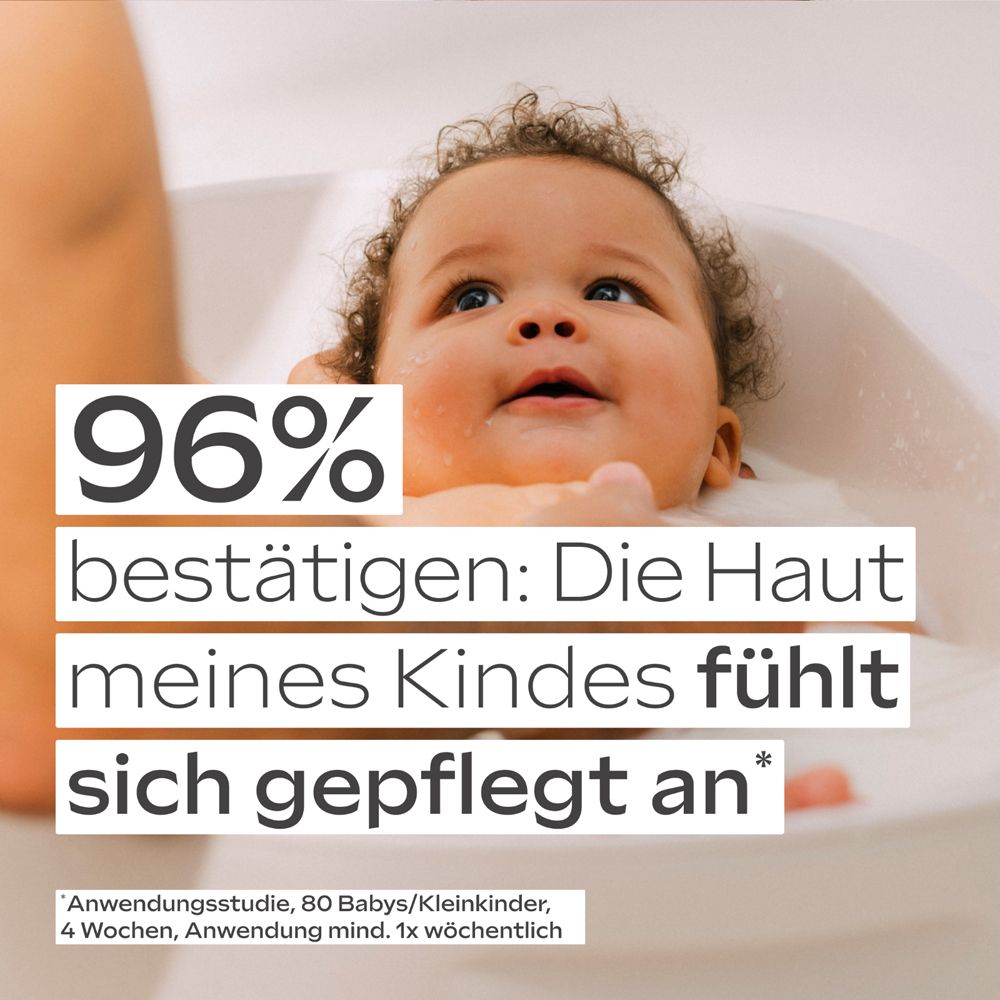 Baby im Bad. Text: 96% bestätigen: Die Haut meines Kindes fühlt sich gepflegt an.