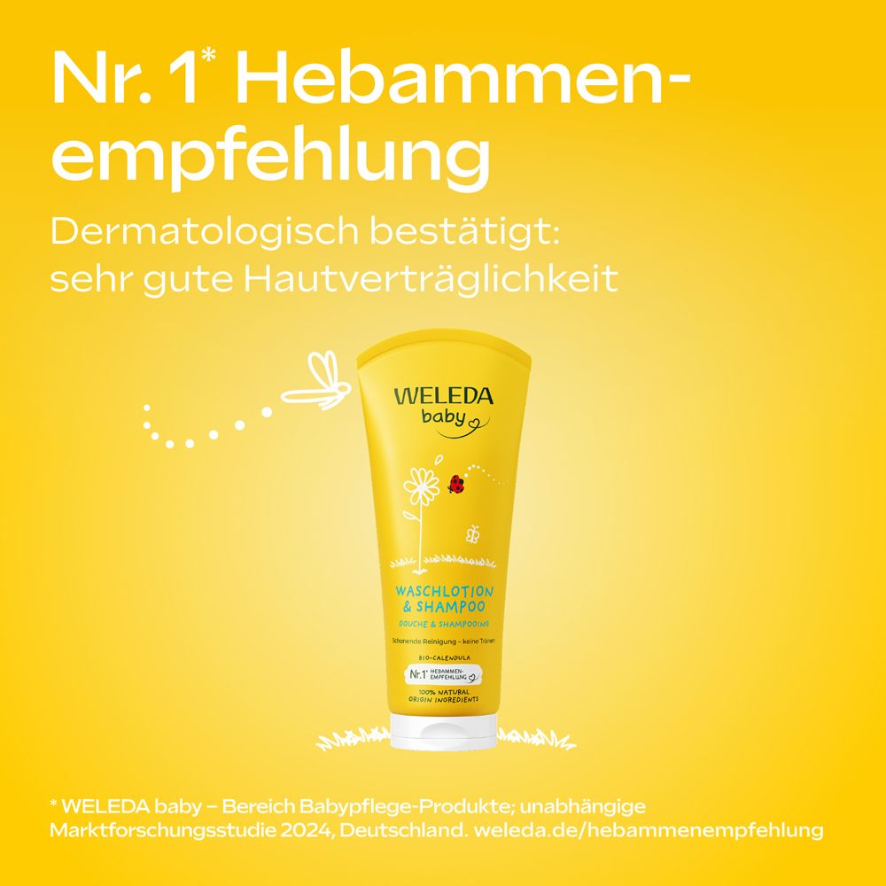 Gelbe Tube mit Text: WELEDA baby, Waschlot. & Shampoo. Nr. 1 Hebammenempfehlung. Auf gelbem Hintergrund.