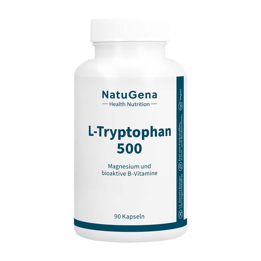 Weiße Flasche mit Kapseln. Aufschrift: NatuGena, L-Tryptophan 500, Magnesium & B-Vitamine, 90 Kapseln.