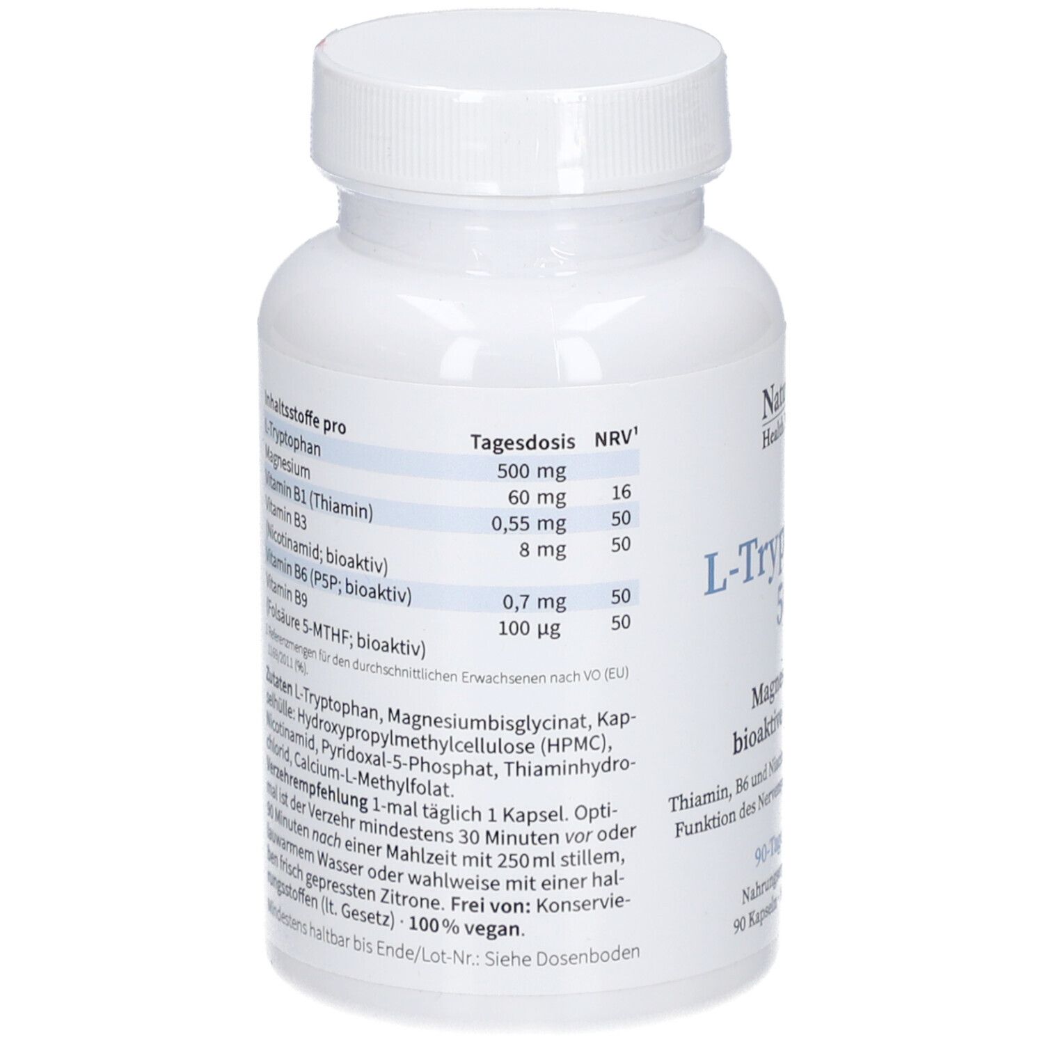 Rückseite der Flasche mit Inhaltsstoffangaben. Enthält L-Tryptophan, Magnesium, Vitamin B1, B3, B6 und B9.