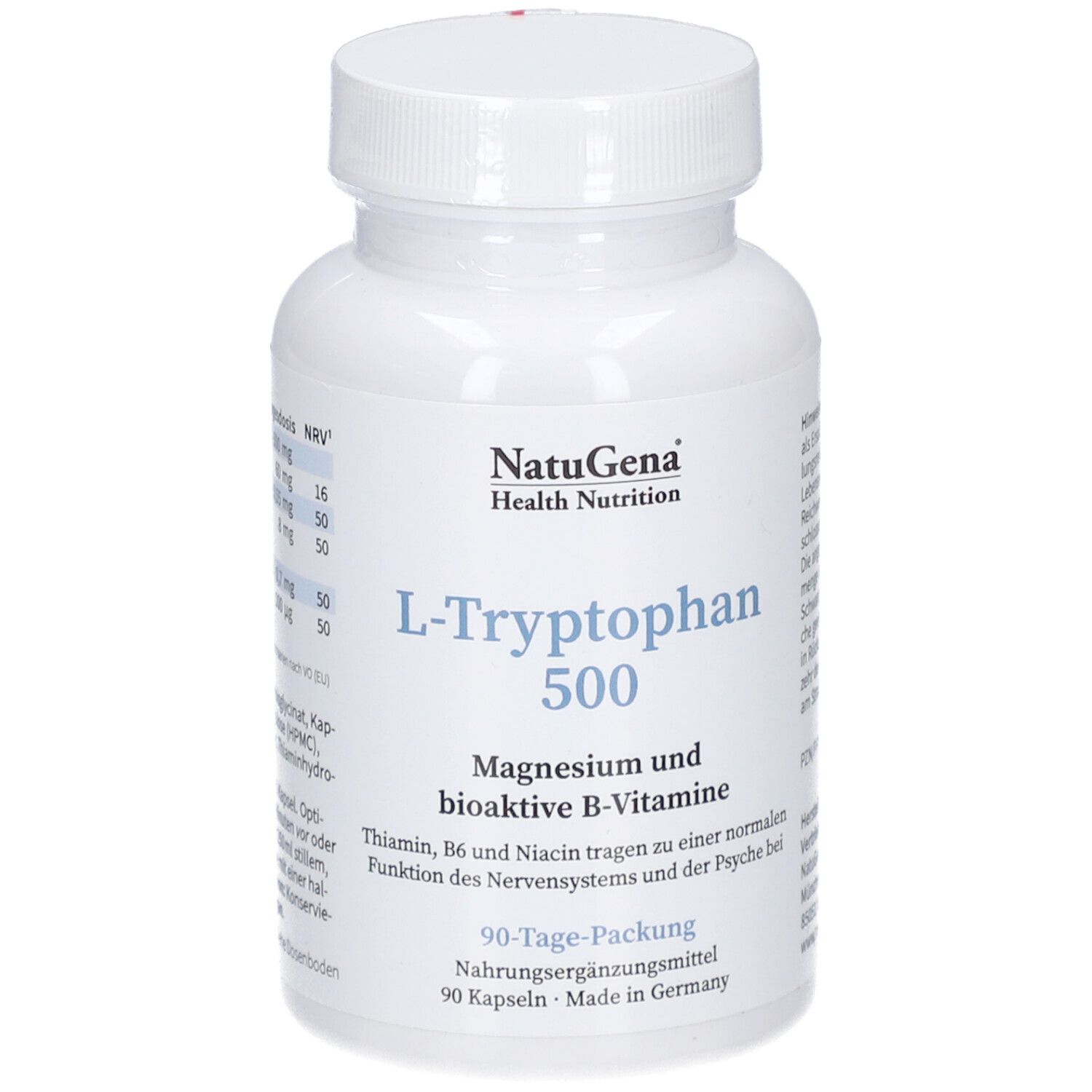 Weiße Flasche mit Kapseln. Aufschrift: L-Tryptophan 500, Magnesium und B-Vitamine. Marke: NatuGena.