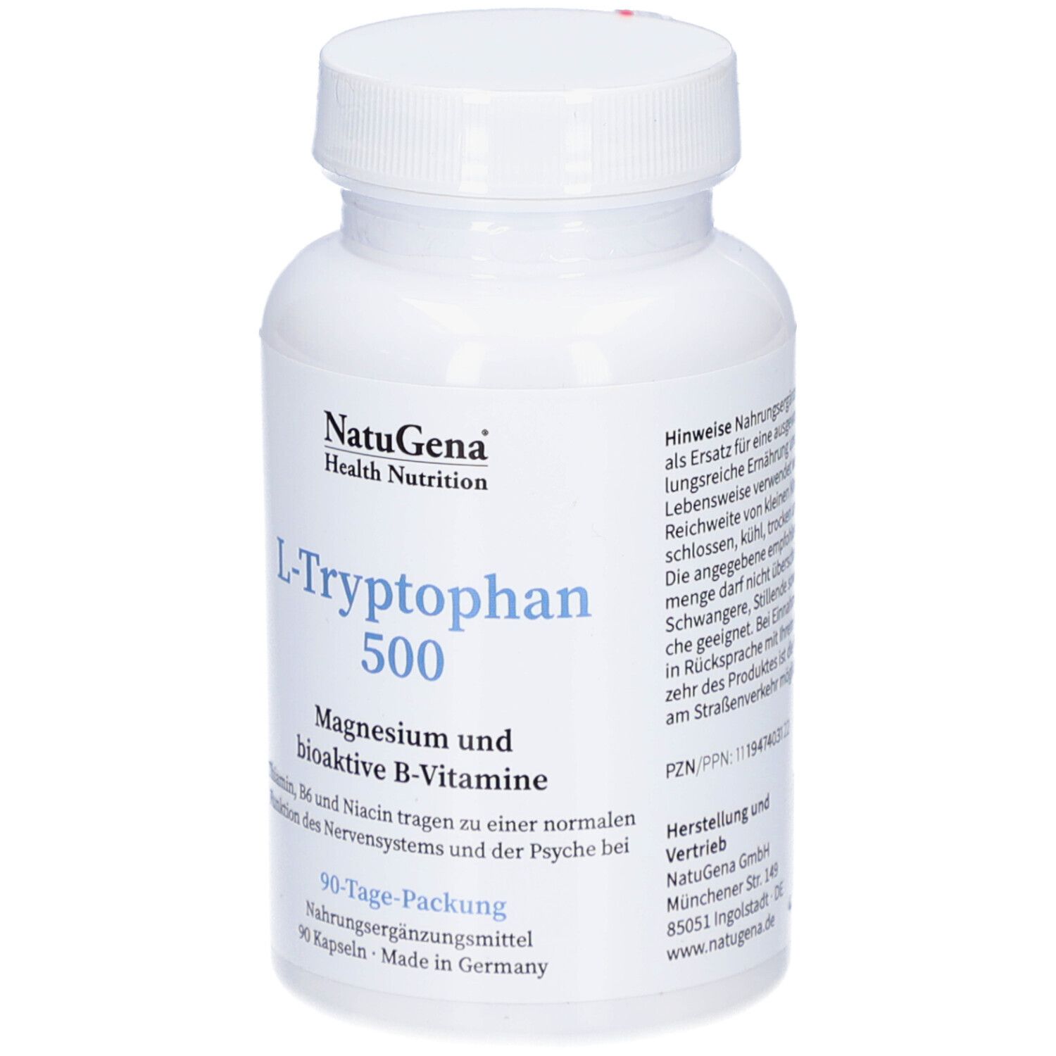 Weiße Flasche mit Kapseln. Aufschrift: L-Tryptophan 500, Magnesium und B-Vitamine. Marke: NatuGena.