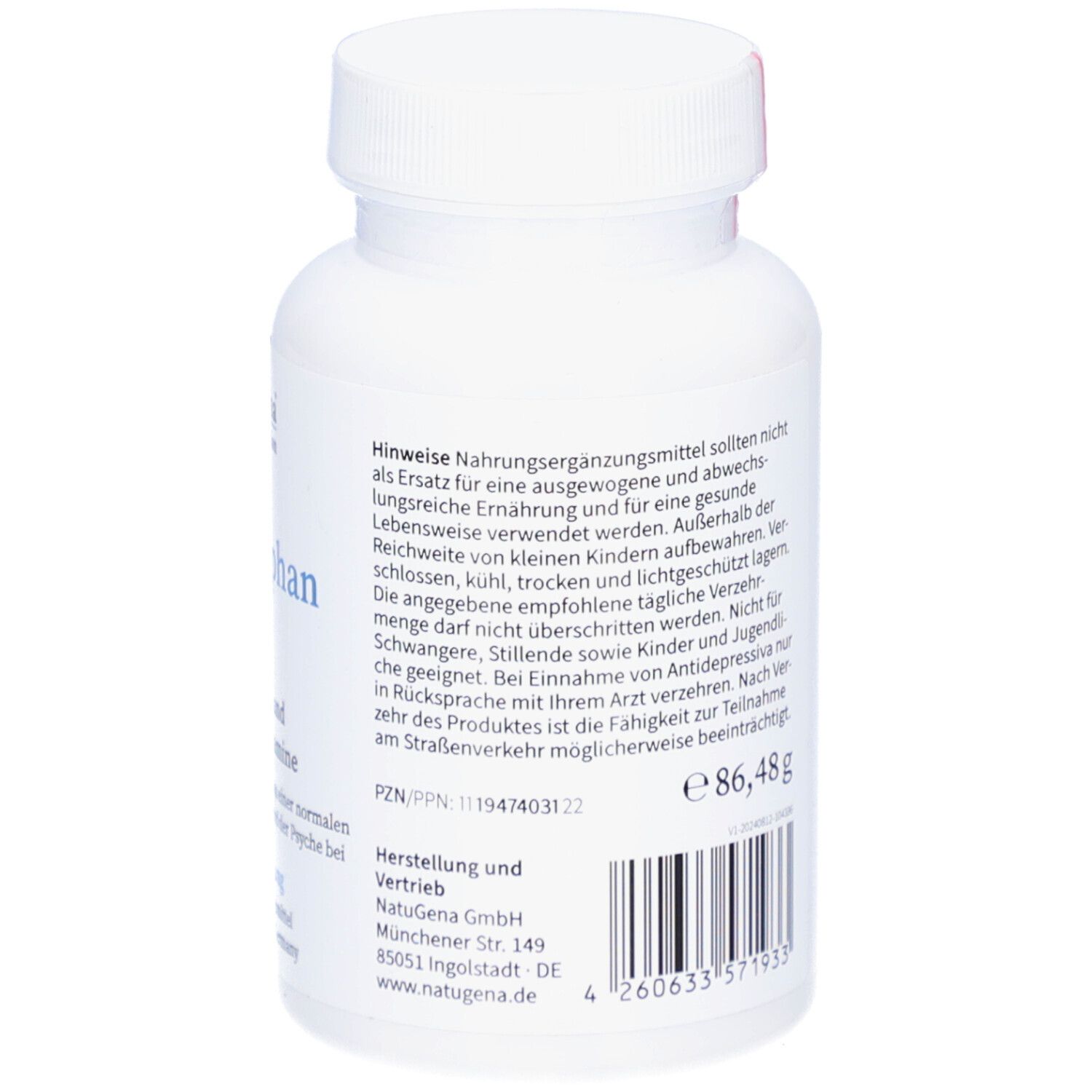 Rückseite der Flasche mit Informationen. Enthält L-Tryptophan, Magnesium, Vitamin B1, B3, B6 und B9. Marke: NatuGena.