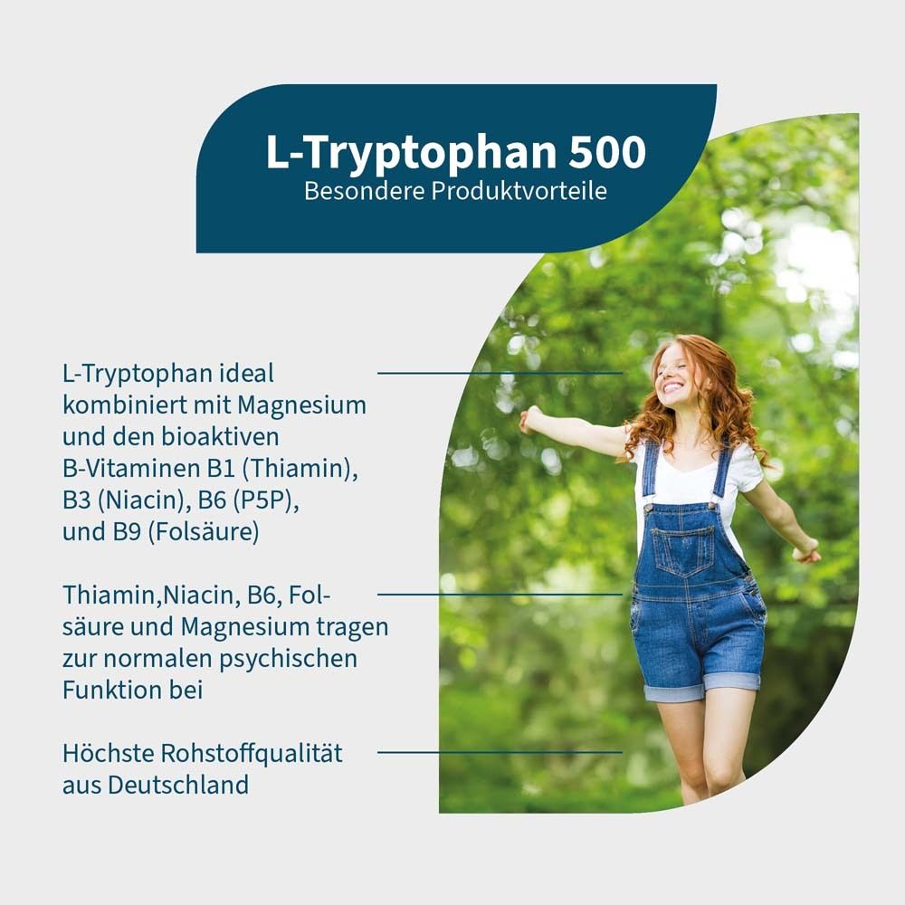 Grafik mit Frau im Freien. Text: L-Tryptophan 500, Vorteile, L-Tryptophan mit Magnesium & B-Vitaminen, höchste Rohstoffqualität.