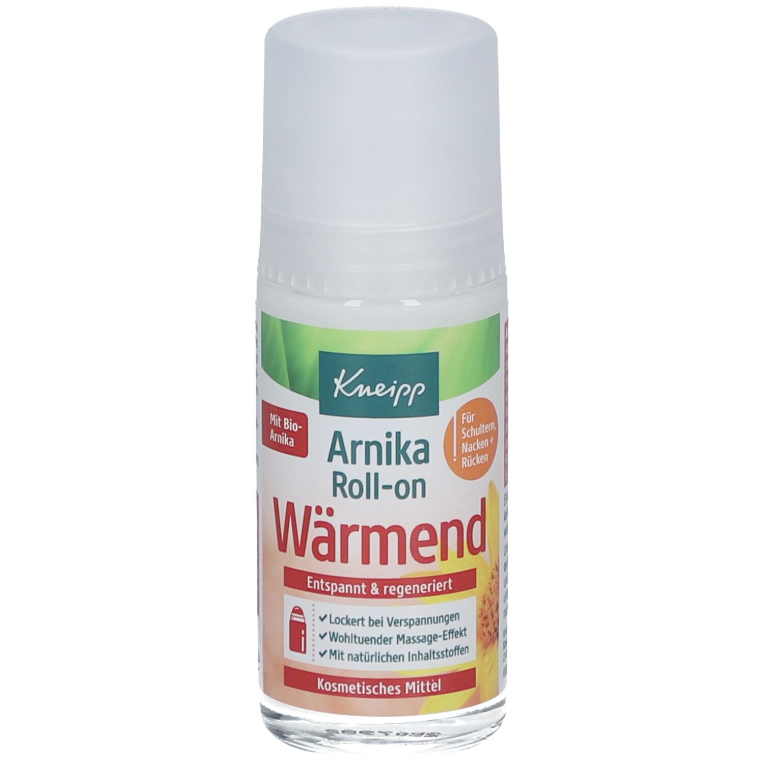 Roll-on-Flasche mit weißem Deckel. Etikett mit Produktinformationen und Logo.