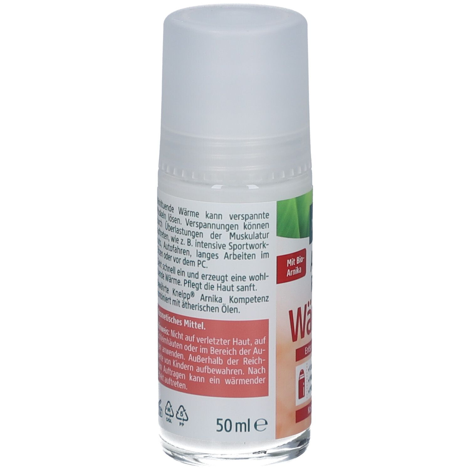 Roll-on-Flasche mit weißem Deckel. Etikett mit Produktinformationen und Logo. 50 ml.