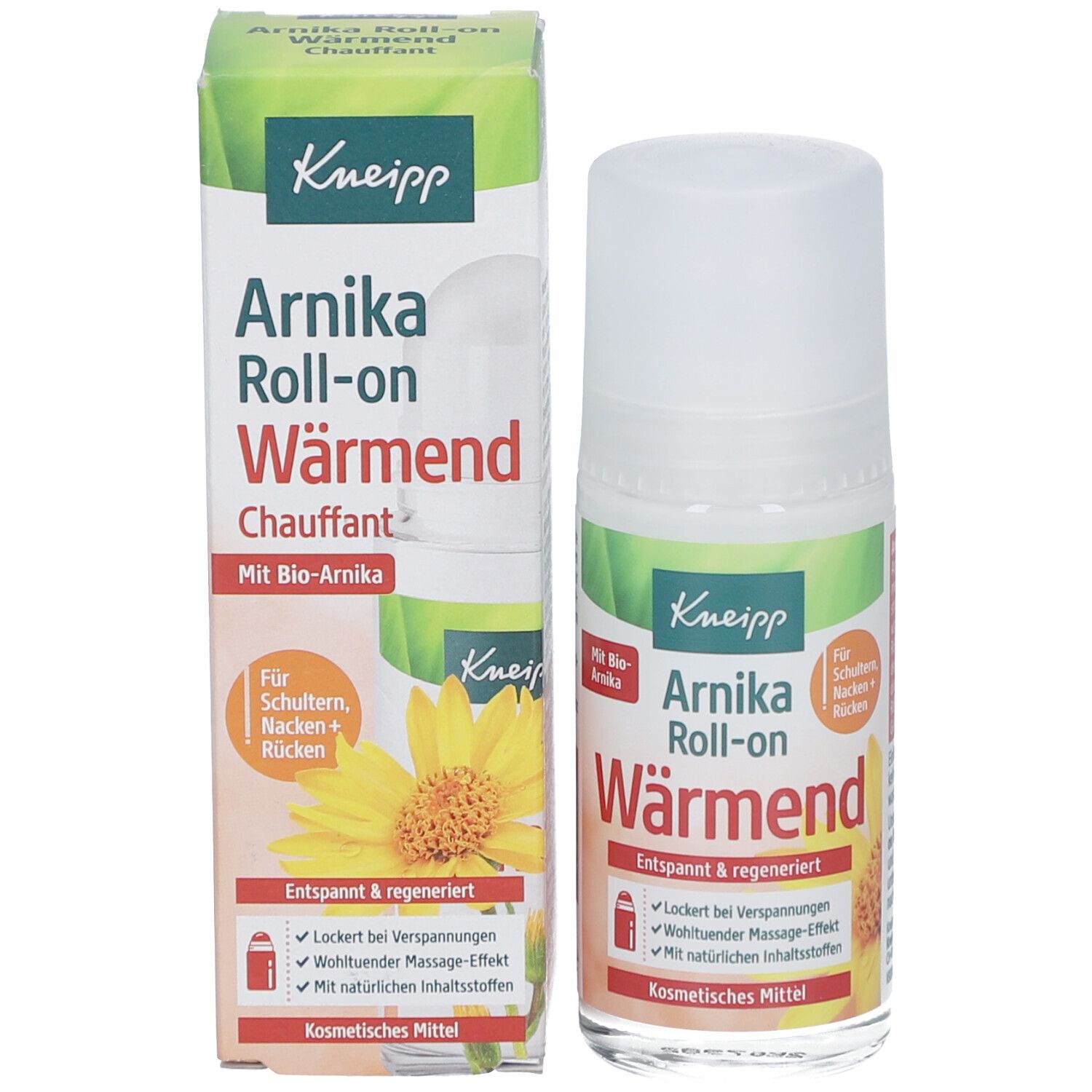 Produktverpackung und Roll-on-Flasche. Verpackung mit Logo und Produktinformationen. Flasche daneben.