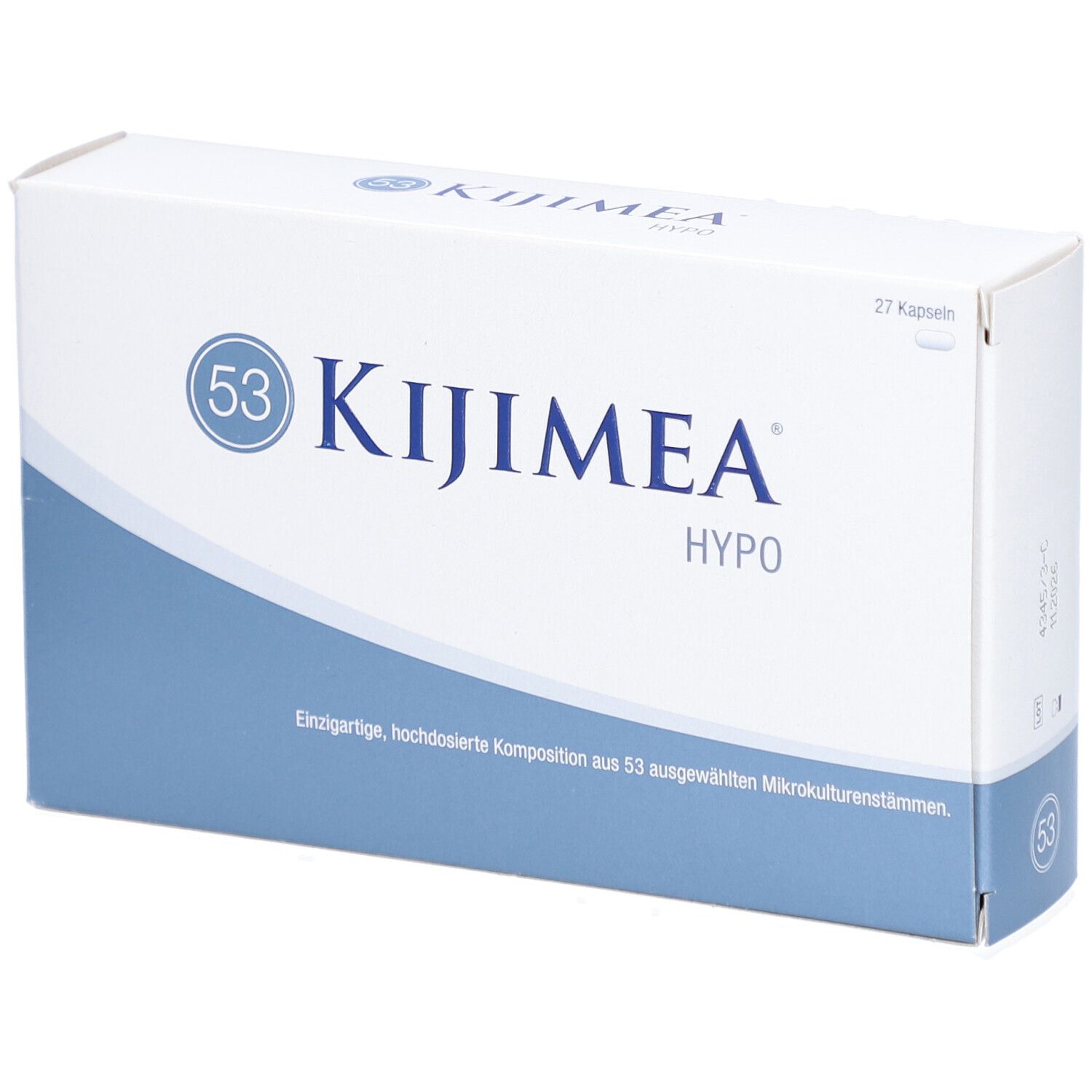 Kijimea Hypo-Verpackung. Weiße Schachtel mit blauem Streifen. Logo und Schriftzug Kijimea Hypo.
