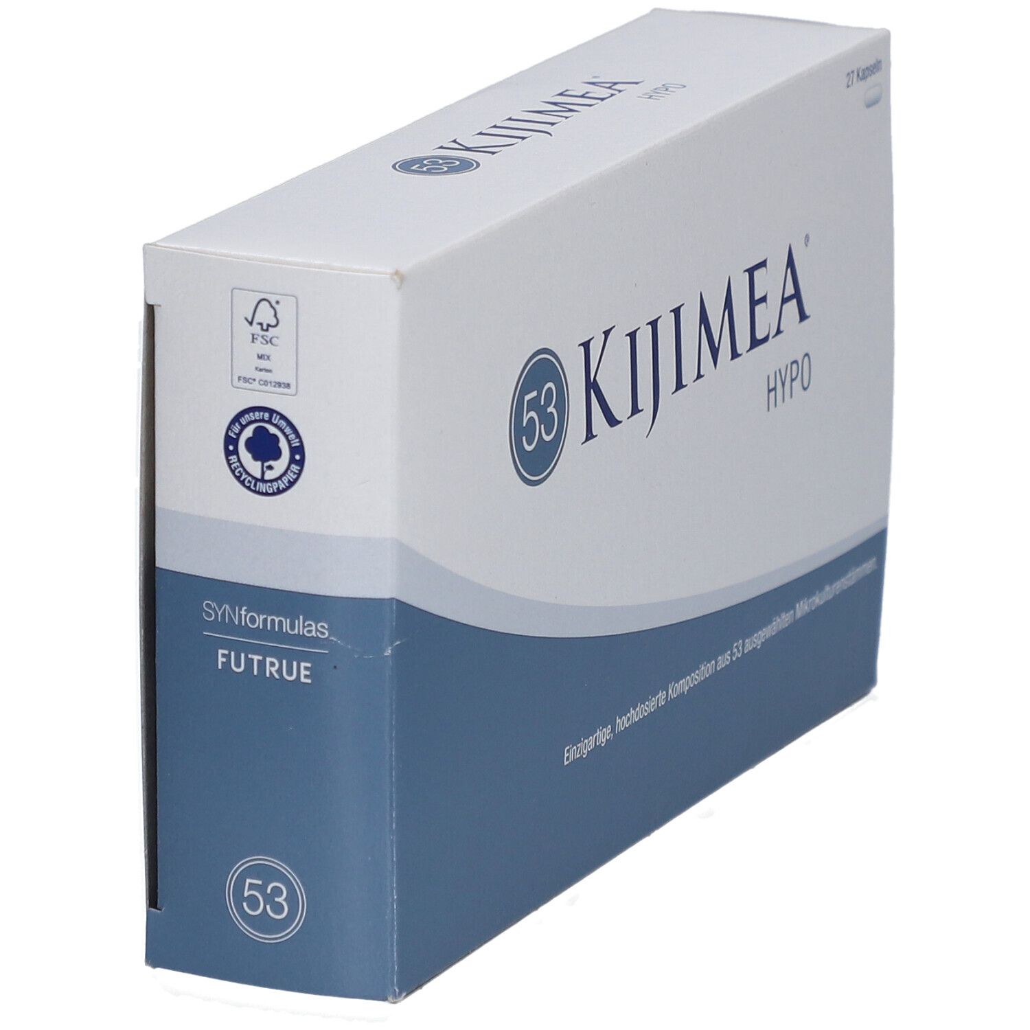 Kijimea Hypo-Verpackung. Weiße Schachtel mit blauem Streifen. Logo und Schriftzug Kijimea Hypo.