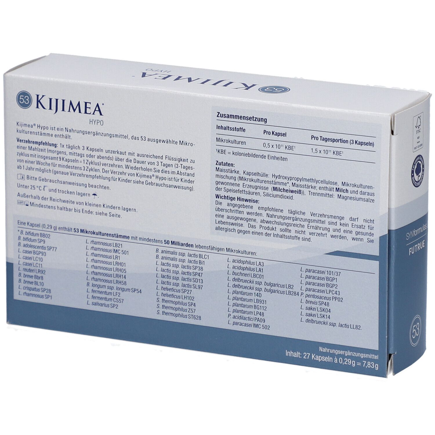 Rückseite der Kijimea Hypo-Verpackung. Enthält Informationen zu Inhaltsstoffen und Dosierung.