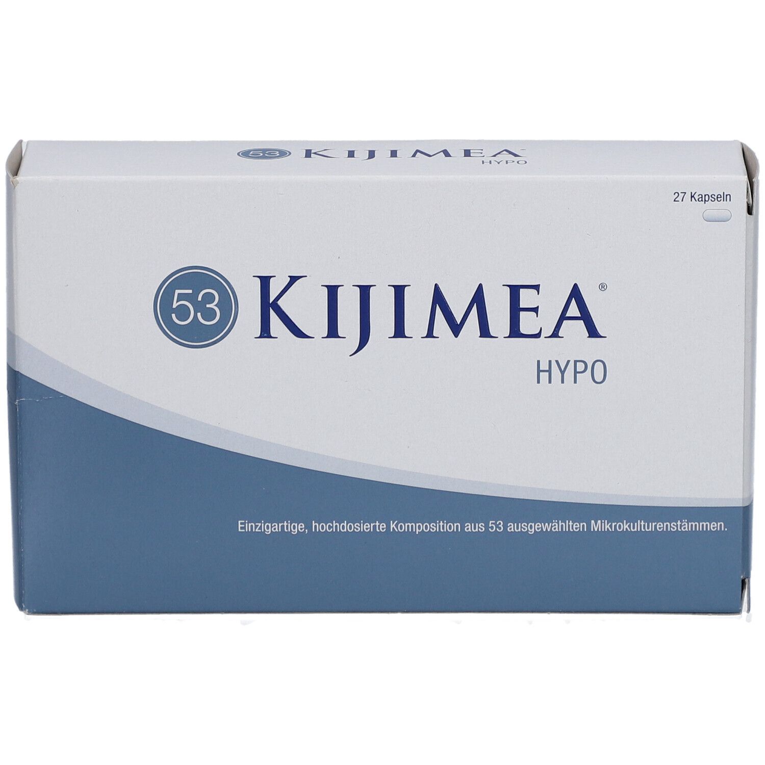 Kijimea Hypo-Verpackung. Weiße Schachtel mit blauem Streifen. Logo und Schriftzug Kijimea Hypo.