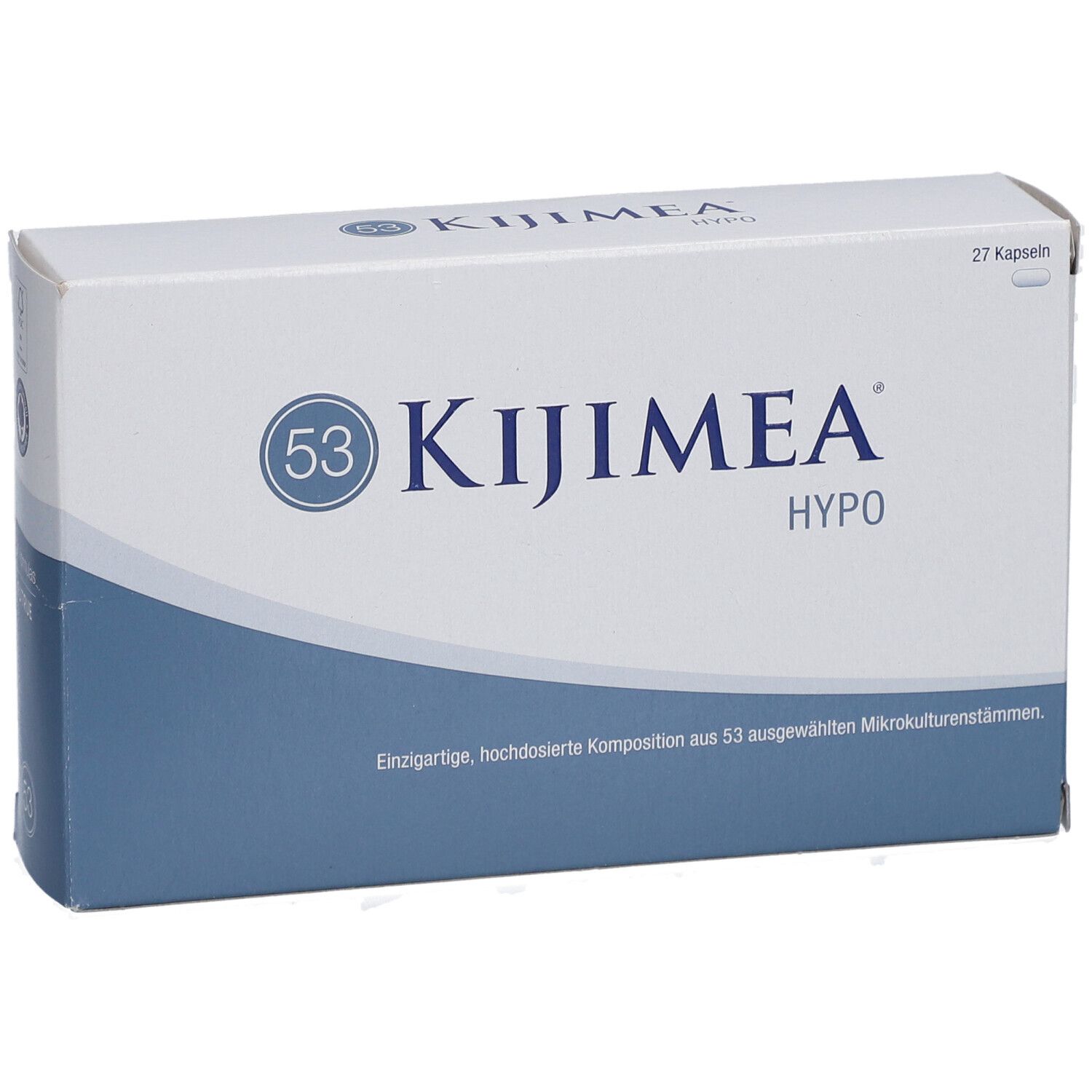 Kijimea Hypo-Verpackung. Weiße Schachtel mit blauem Streifen. Logo und Schriftzug Kijimea Hypo.
