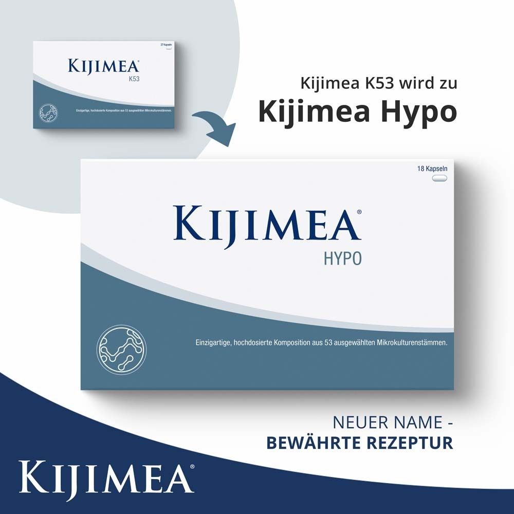 Vergleich von Kijimea K53 und Kijimea Hypo. Kijimea K53 wird zu Kijimea Hypo. Text: Neuer Name - Bewährte Rezeptur.