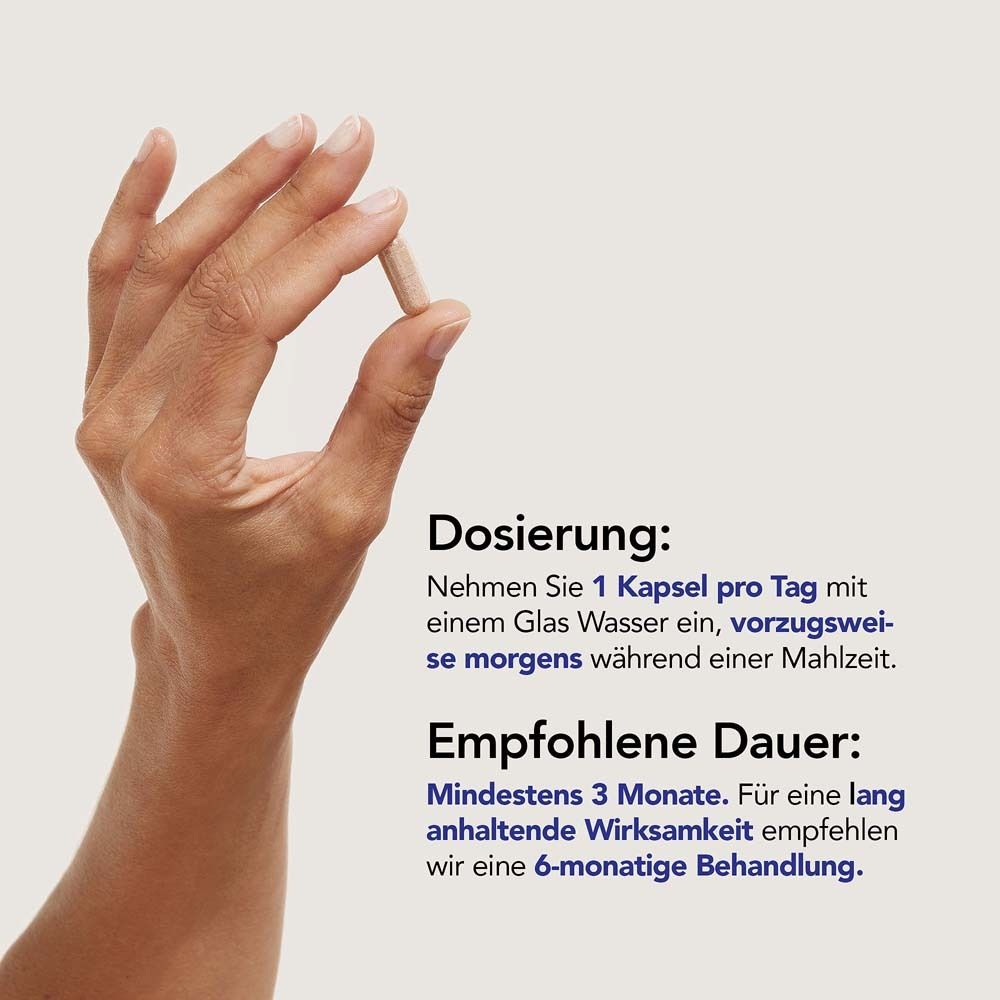 Hand hält eine Kapsel. Text: Dosierung: 1 Kapsel pro Tag. Empfohlene Dauer: Mindestens 3 Monate.