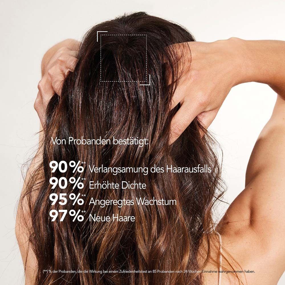 Frau mit langen, braunen Haaren. Text: 90% Verlangsamung des Haarausfalls, 90% erhöhte Dichte, 95% angeregtes Wachstum.