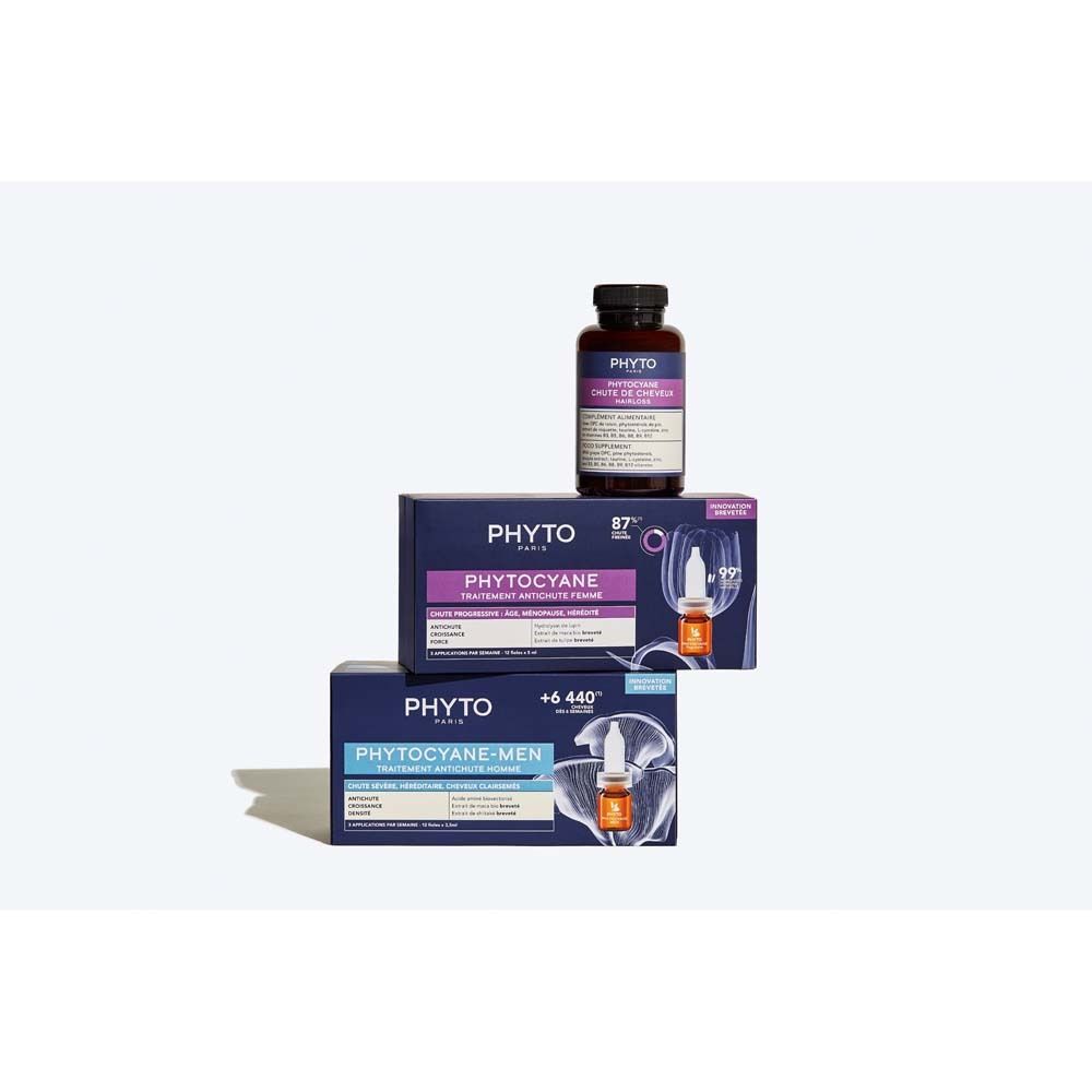 Produkt-Arrangement: Flasche und zwei Schachteln. Aufschrift: PHYTO PARIS, Phytocyane, Nahrungsergänzungsmittel.