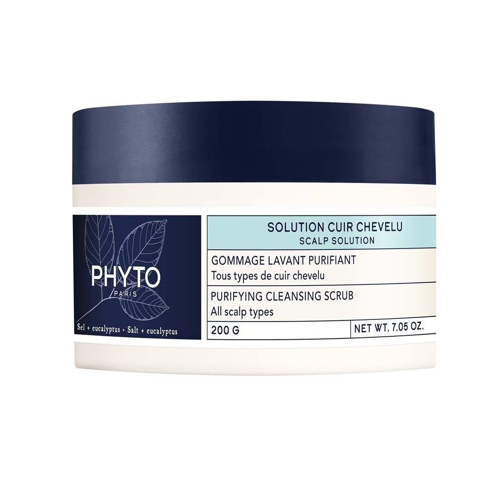 Weißer Tiegel mit blauem Deckel. Aufschrift PHYTO PARIS. Text: SOLUTION CUIR CHEVELU, GOMMAGE LAVANT PURIFIANT, PURIFYING CLEANSING SCRUB.