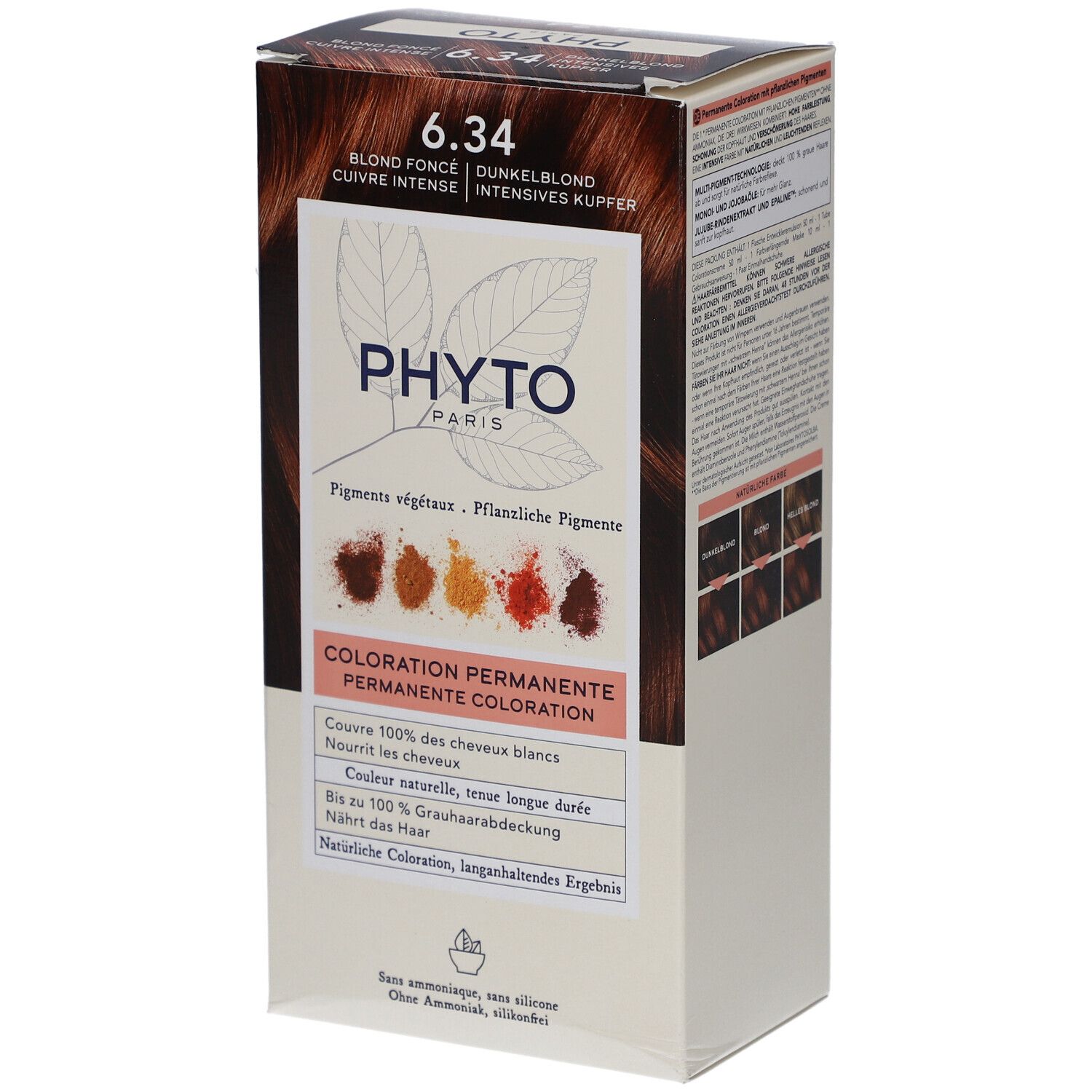 Produktverpackung mit Aufschrift 6.34, Blond Fonce, Kupfer. Marke PHYTO PARIS. Enthält pflanzliche Pigmente. Permanente Coloration.