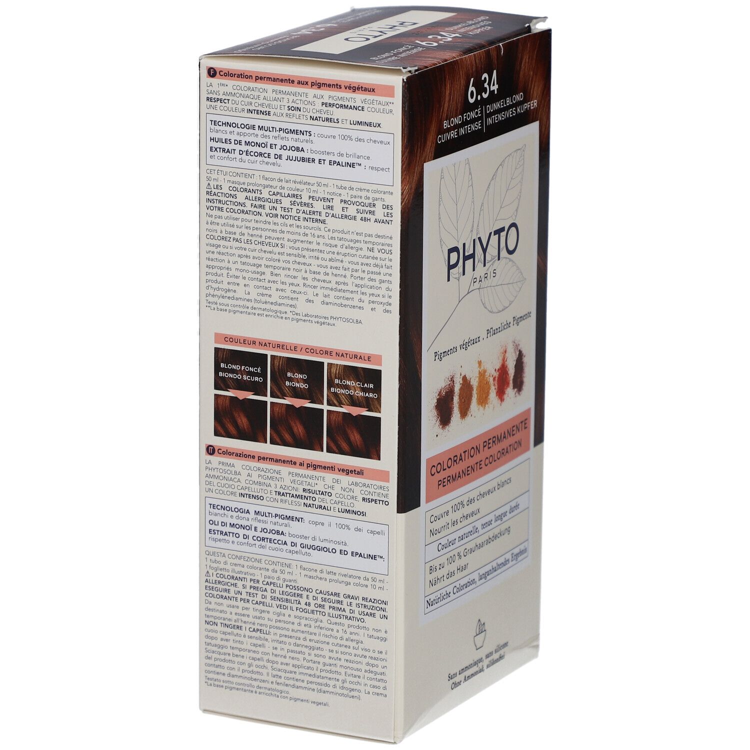 Produktverpackung, Seitenansicht. Aufschrift 6.34, Blond Fonce, Kupfer. Marke PHYTO PARIS. Permanente Coloration mit pflanzlichen Pigmenten.