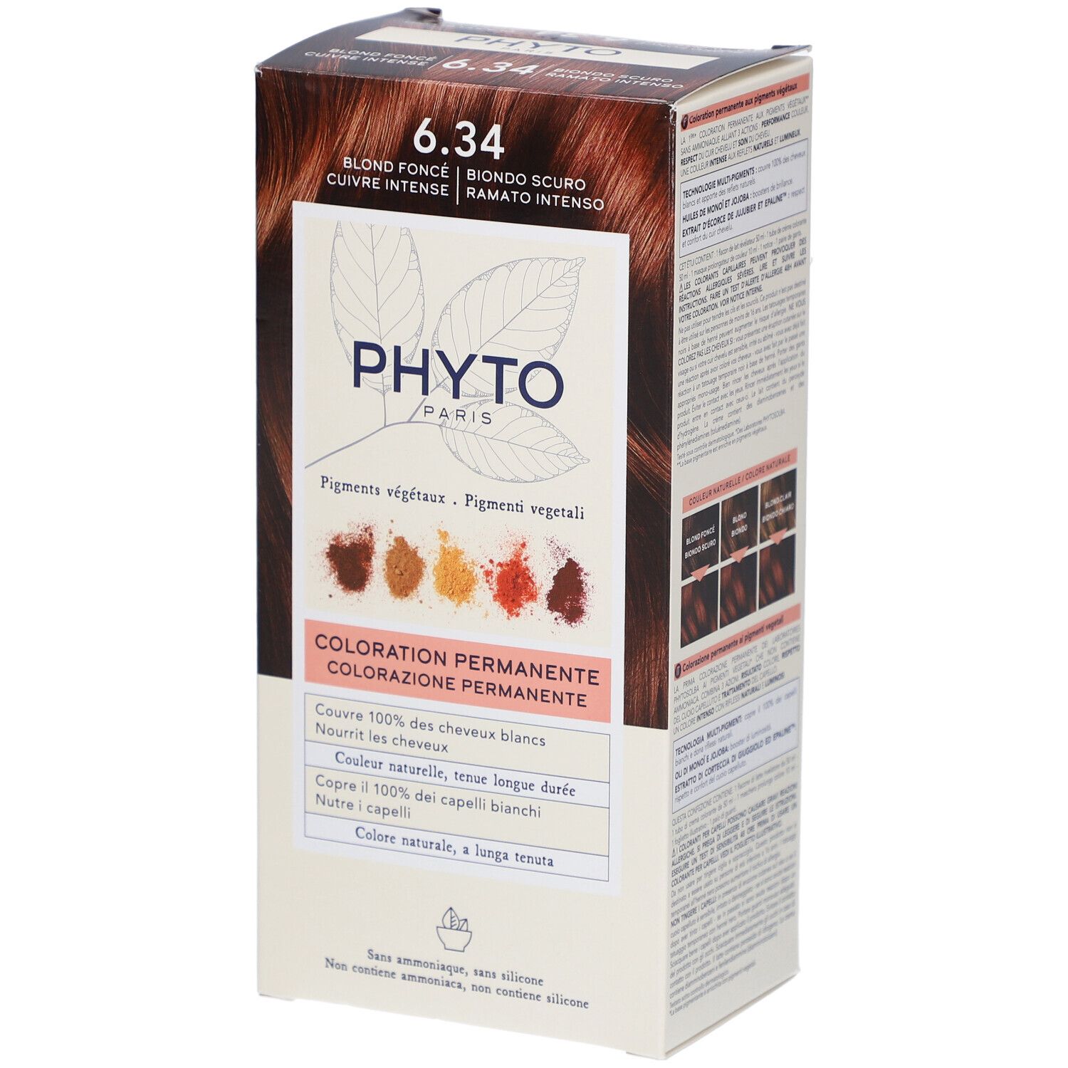 Produktverpackung mit Aufschrift 6.34, Blond Fonce, Kupfer. Marke PHYTO PARIS. Permanente Coloration. Farbabbildungen.